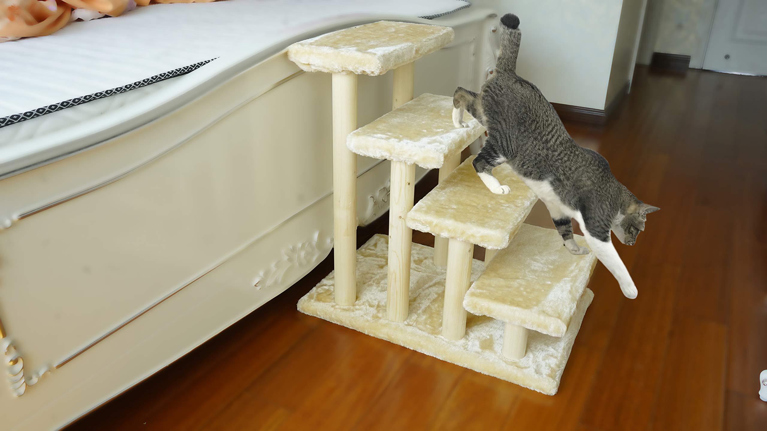 4-Step Wooden Pet Stairs for Cats & Dogs - Detachable Carpet Covered Pet Ladder for High Beds & Couches (Beige) | Perfect for Elderly Pets & Small Breeds in Bedroom & Living Room