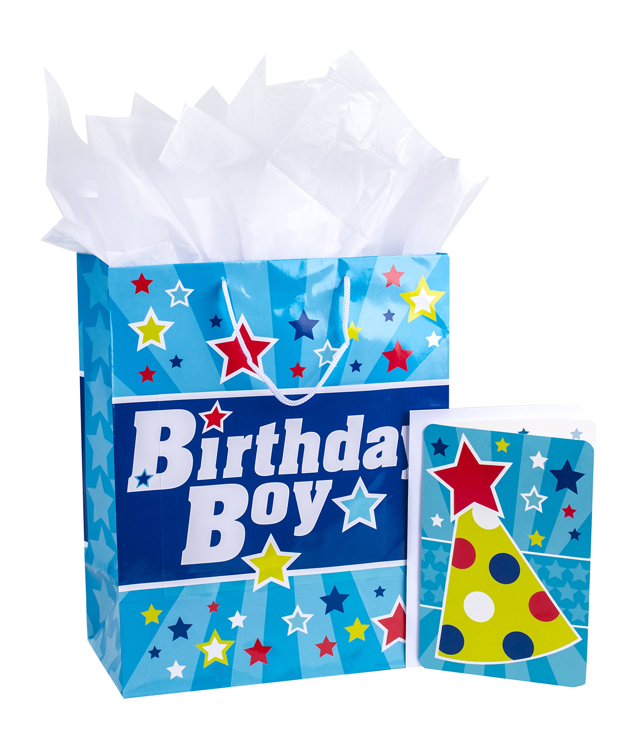 Hallmark 13-Inch Large Birthday Gift Bag Set with Greeting Card & Tissue Paper - Blue Star Design for Birthday Boy | Perfect for Kids' Parties, Gift Wrapping & Special Occasions