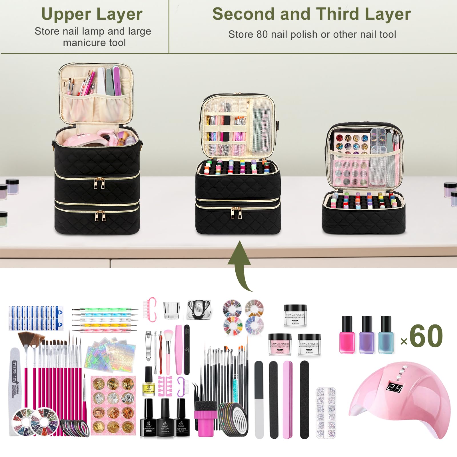 3-Tier Portable Nail Polish Organizer Case - Holds 60 Bottles & Fits Nail Lamp, Detachable Layers & Adjustable Shoulder Strap - Perfect for Salon Professionals, Home Manicures & Travel Nail Kits
