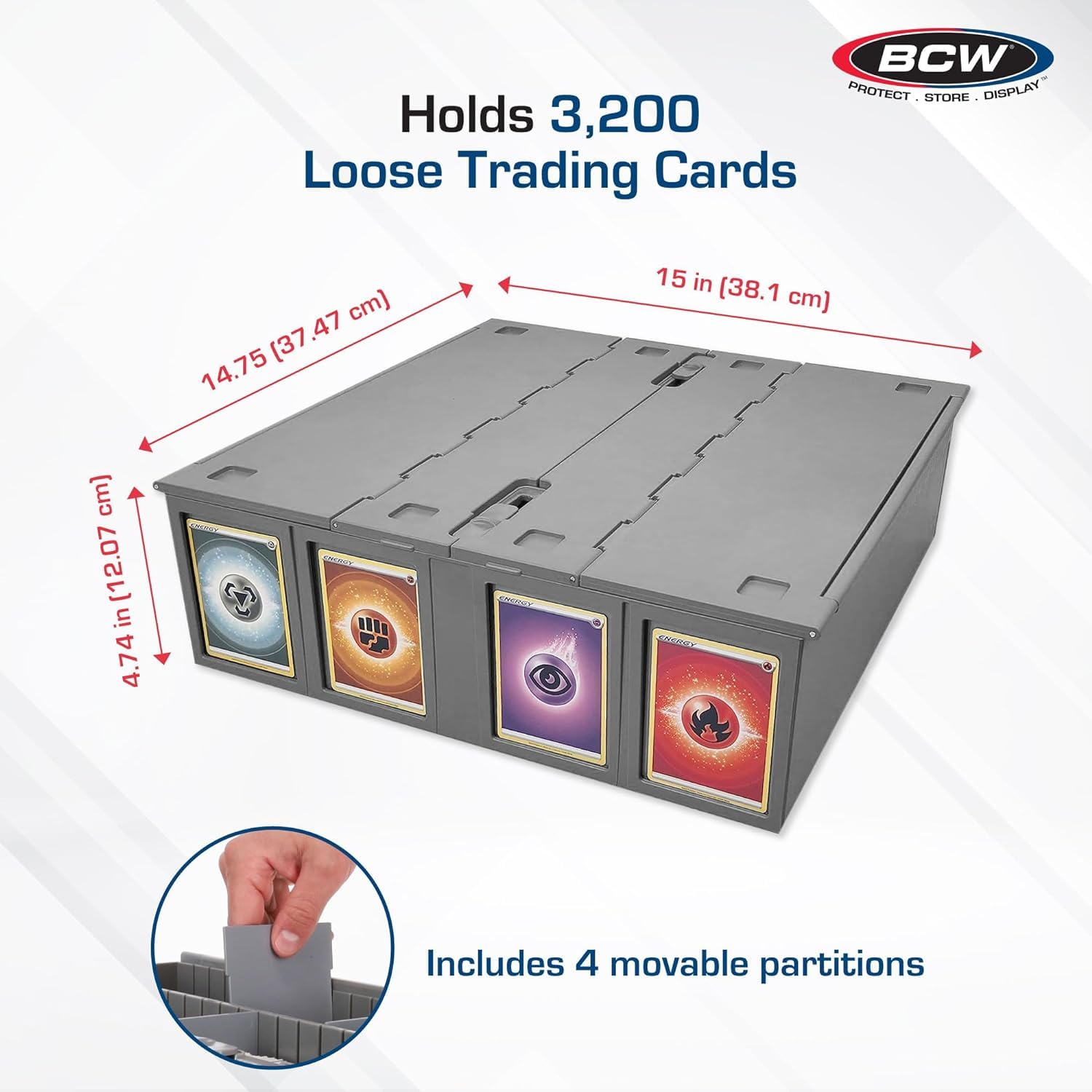 BCW 4-Pack Gray Collectible Card Storage Bin - Holds 3200 Trading Cards Each with 4 Dividers | Perfect for Pokémon Cards, Magic The Gathering MTG & Sports Cards Collection | Card Organizer for Game Nights, Tournaments & Display Storage