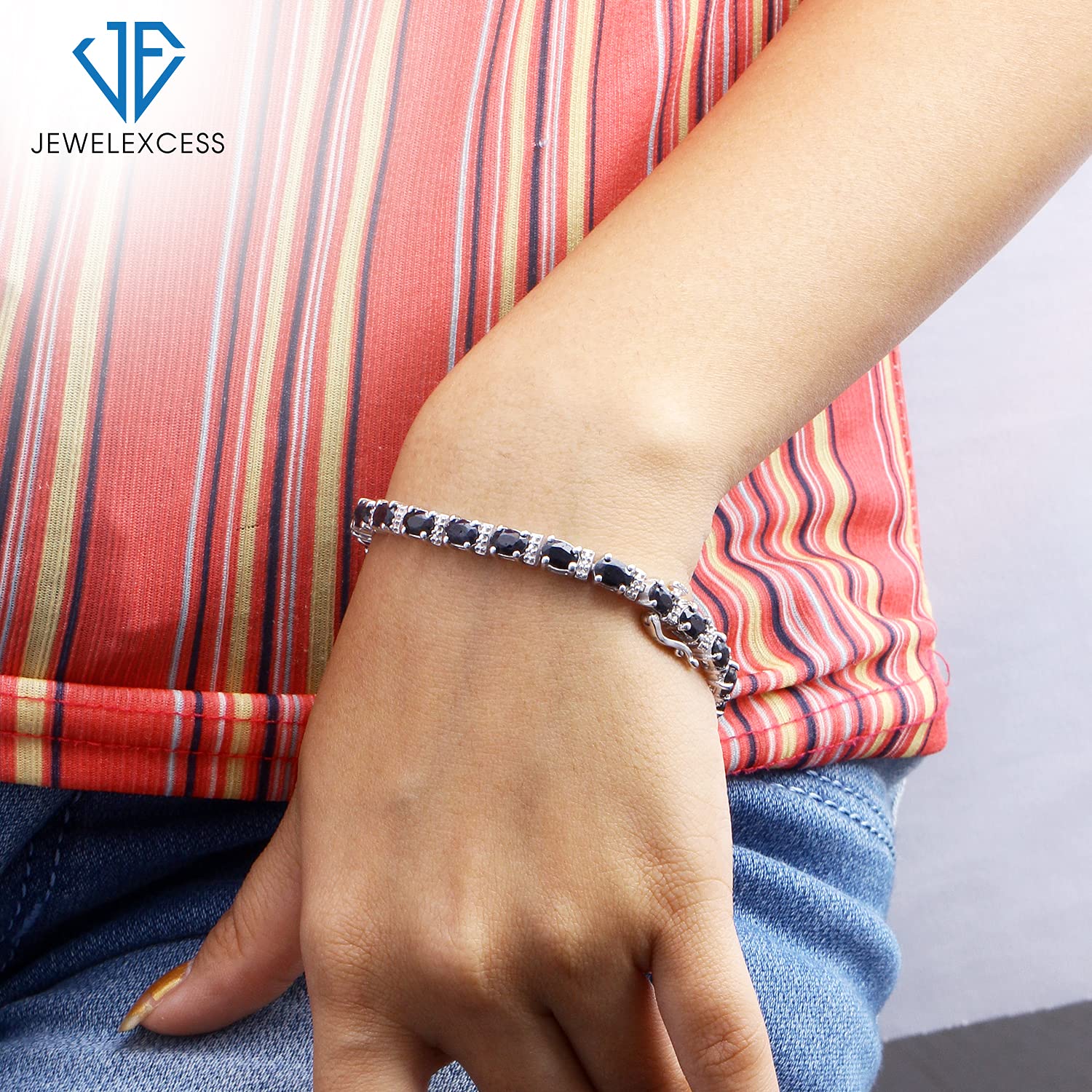 JEWELEXCESS Genuine Sapphire Bracelet for Women - 925 Sterling Silver Single-Row Birthstone Jewelry - Elegant Gift for Her | Perfect for Anniversaries, Birthdays & Special Occasions