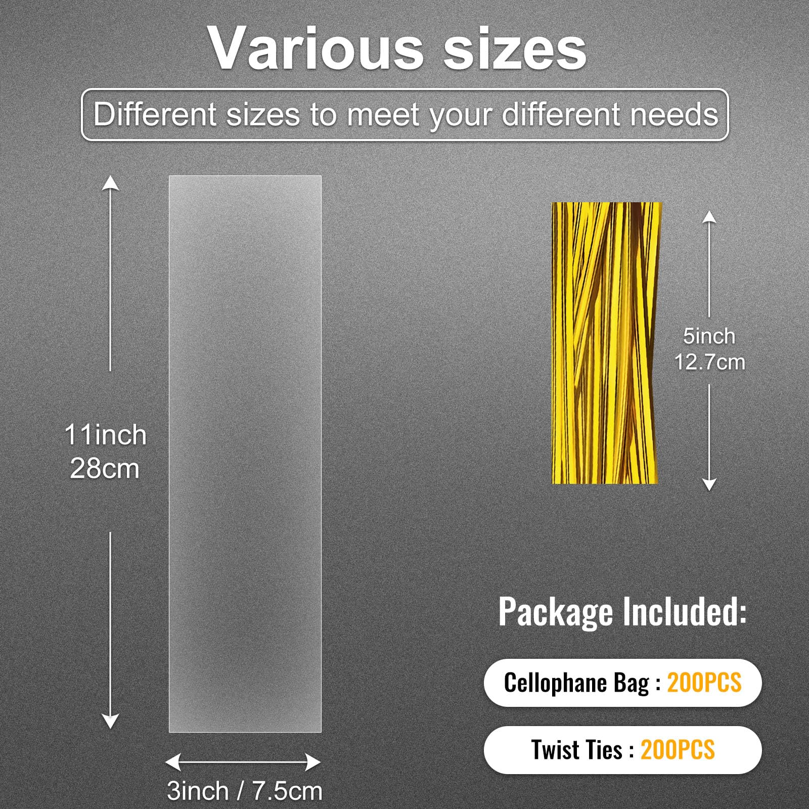 200pcs 3x11 Inch Clear Pretzel Rod Bags - Cellophane Candy Bags with Ties for Party Favors, Cake Pops, Gift Wrapping & Apple Treats | Perfect for Birthday Parties, Baby Showers & Holiday Gifting