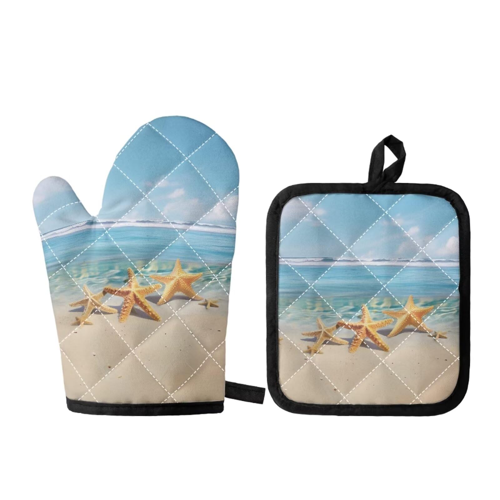 **Heat Resistant Oven Mitts and Pot Holders Set of 2 - Non-Slip Soft Baking Gloves with Beach Starfish Decor for Cooking, BBQ & Kitchen Safety - Perfect for Baking, Grilling & Hot Dish Handling**