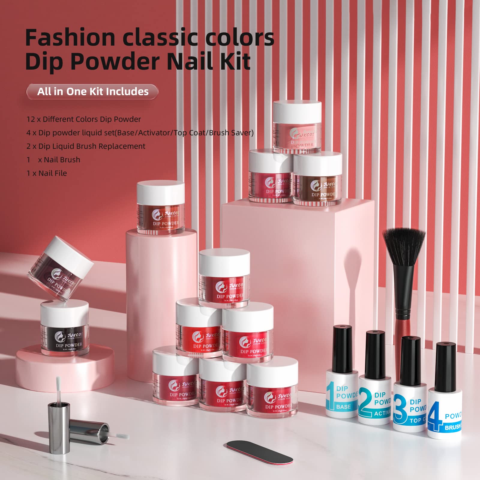 20Pcs Dip Powder Nail Kit with 12 Colors Acrylic Dipping Powder & 4 Gel Polishes (Base, Activator, Top Coat, Brush Saver) - Noble Rose | DIY Manicure Set for Home & Salon Use, Perfect Gift for Nail Lovers