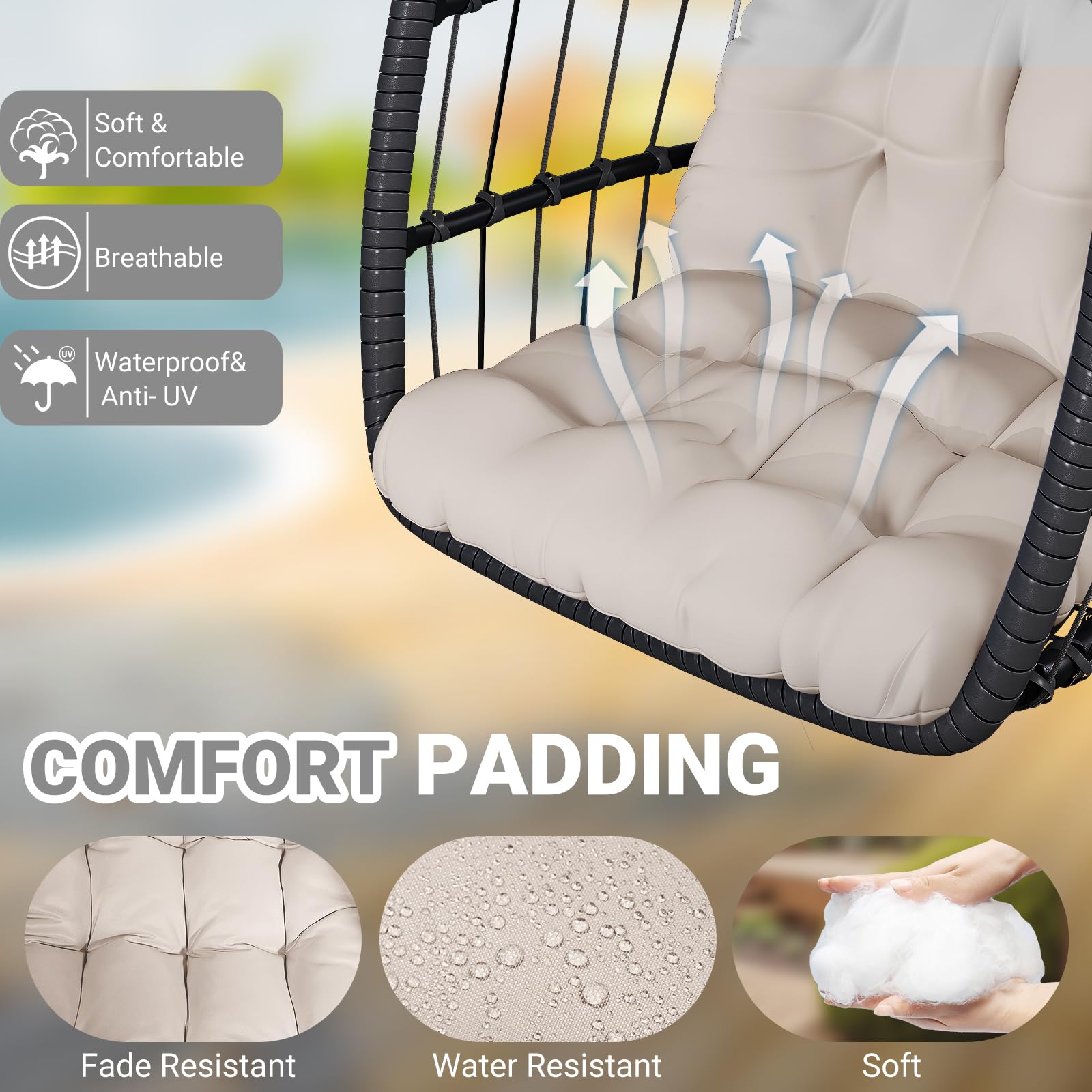 Egg Chair with Stand - Patio Rattan Wicker Hanging Swing Chair for Bedroom, Porch & Garden - Thickened Aluminum Alloy Steel Frame & UV-Resistant Cushion - 350LBS Capacity - Perfect for Relaxing Outdoors or Indoor Lounging