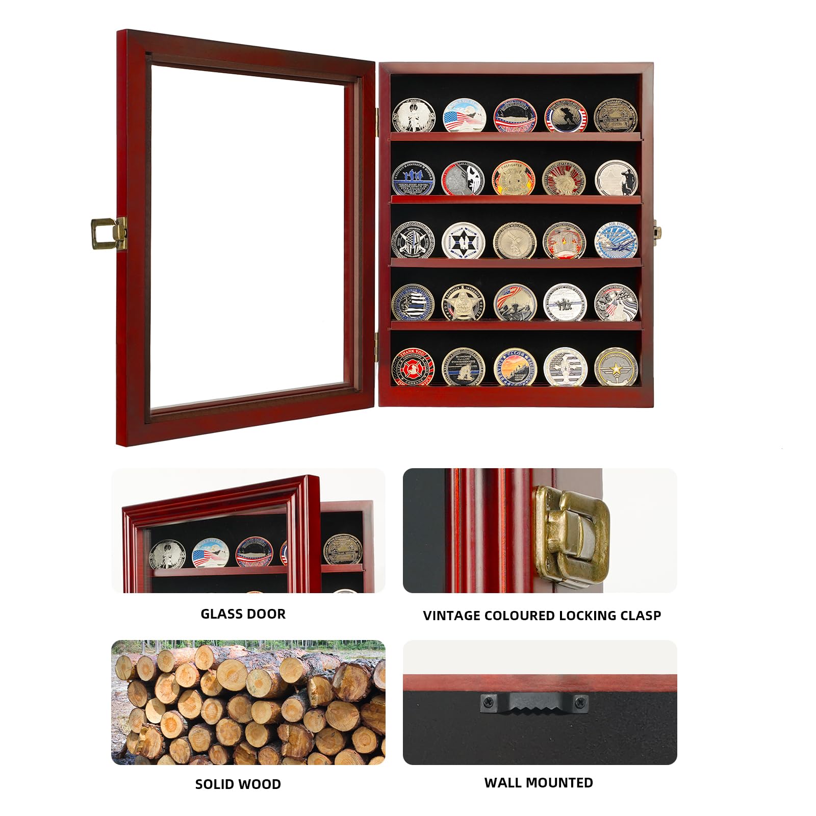 Premium Wooden Challenge Coin Holder Display Case with HD Tempered Glass - 5 Row Medal Shadow Box with Removable 2-Groove Shelves - Poker Chip Rack for Collectors - Wall Mountable or Tabletop Display - Mahogany Finish - Perfect for Military, Police, Firefighter Collections & Home Office Decor