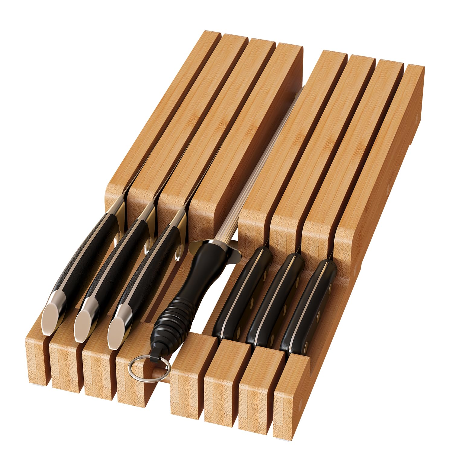 GHWIE Bamboo Knife Organizer for Drawer - 6 Slot Knife Storage Block, Rustic Brown Wooden Knife Holder - Keep Knives Sharp & Safe | Perfect for Kitchen Organization & Knife Protection