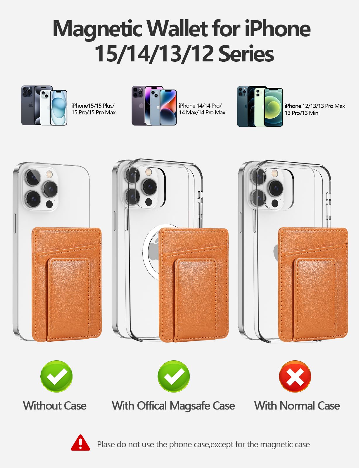 Magnetic Card Wallet Holder for iPhone 16/15/14/13/12 Series - Slim Leather Wallet Case Compatible with iPhone 16 Pro/15 Pro/14 Pro/13 Pro/12 Pro - Secure RFID Protection - Perfect for Daily Use, Travel & Business (Brown)