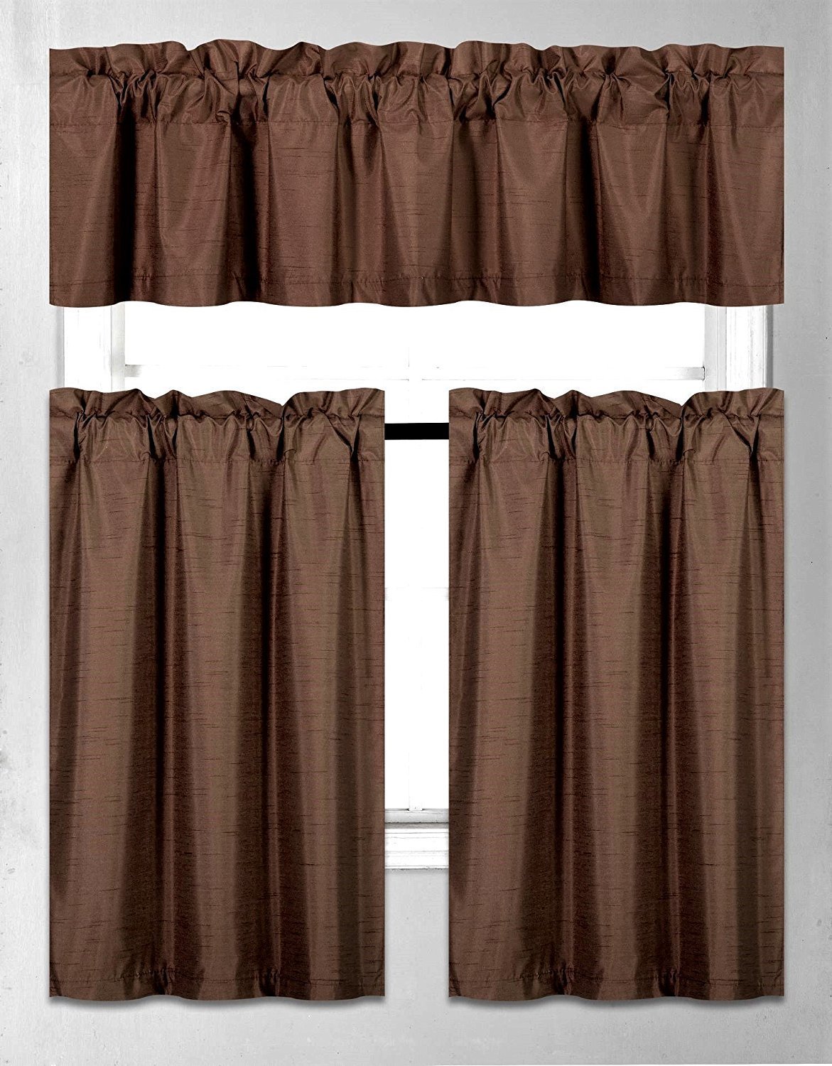 3-Piece Faux Silk Blackout Kitchen Curtain Set with Thermal Backing - Solid Brown/Chocolate Tier Curtains & Valance for Windows - Perfect for Kitchens, Dining Rooms & Sunrooms
