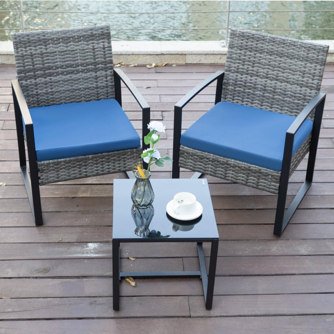 3 Piece Patio Bistro Set - Outdoor Wicker Rattan Table and 2 Chairs for Balcony, Porch, Backyard, Poolside - Grey Wicker with Blue Cushions - Perfect for Small Spaces, Apartment Living & Relaxing Outdoors