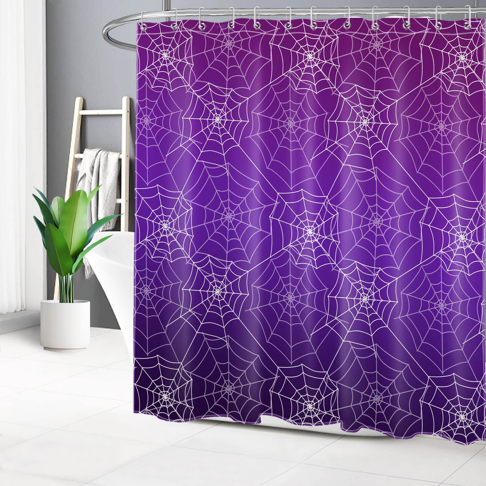 Spooky Halloween Shower Curtain with Spider Web Design - Purple Horror Bathroom Decor Set Includes 12 Hooks, 72x72 Inch Polyester Fabric - Perfect for Halloween Party Decorations, Haunted House Themes & Spooky Bathroom Makeovers