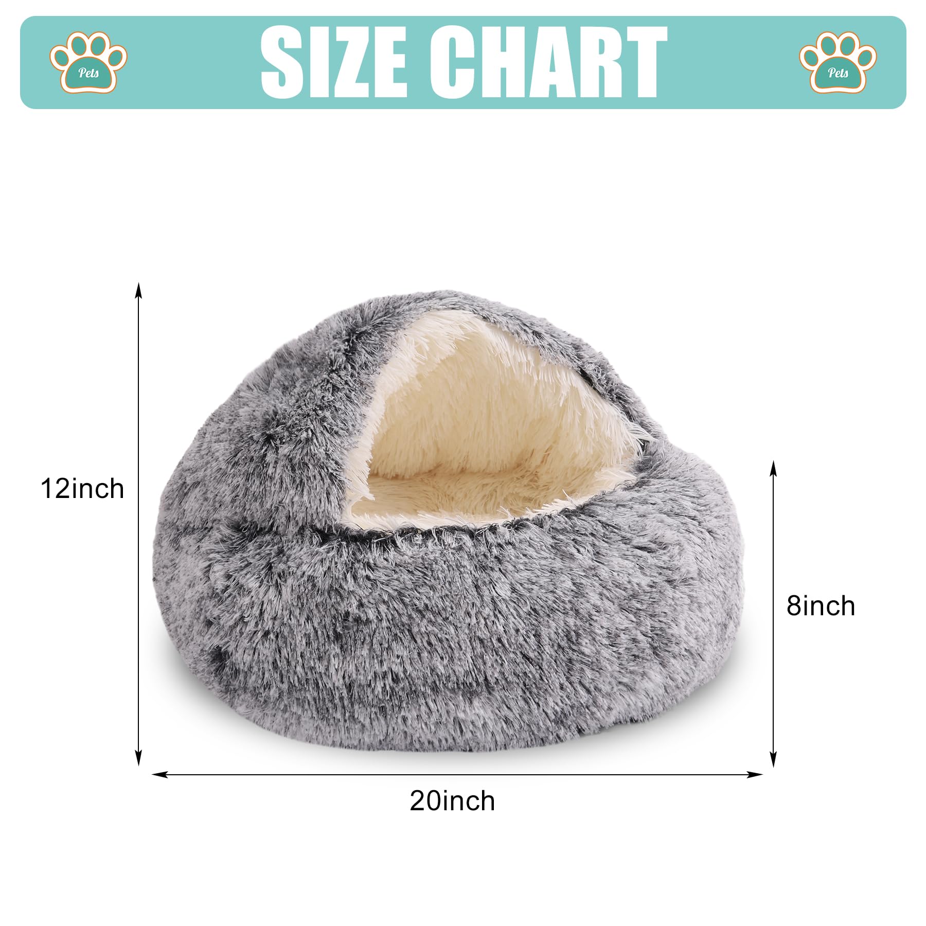 Round Hooded Dog & Cat Cave Bed - Plush Faux Fur Self-Warming Pet Bed with Removable Washable Cover - Cozy Burrowing Donut Bed for Puppies & Kittens - Perfect for Indoor Comfort, Winter Warmth & Anxiety Relief