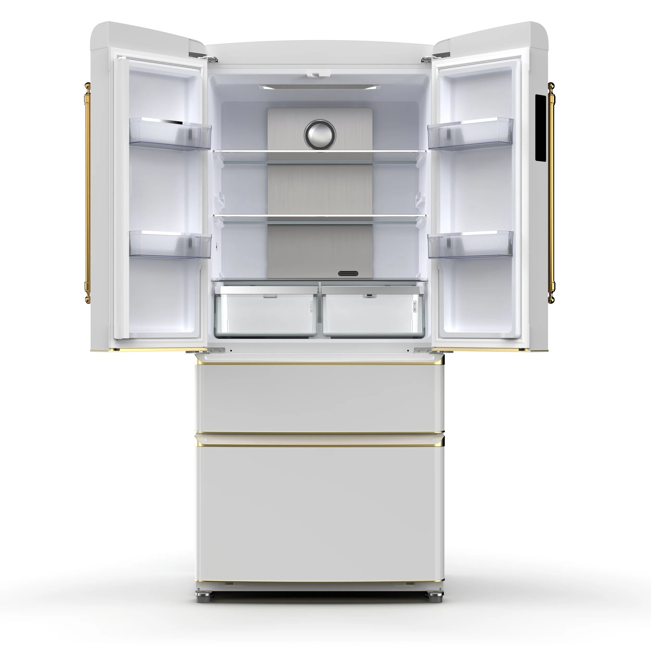Forno Luigi 33 Inch French Door Refrigerator in White with Antique Brass Finish - Model FFFFD1791 33WHT | Energy Efficient Stainless Steel Kitchen Appliance for Modern Homes & Restaurants