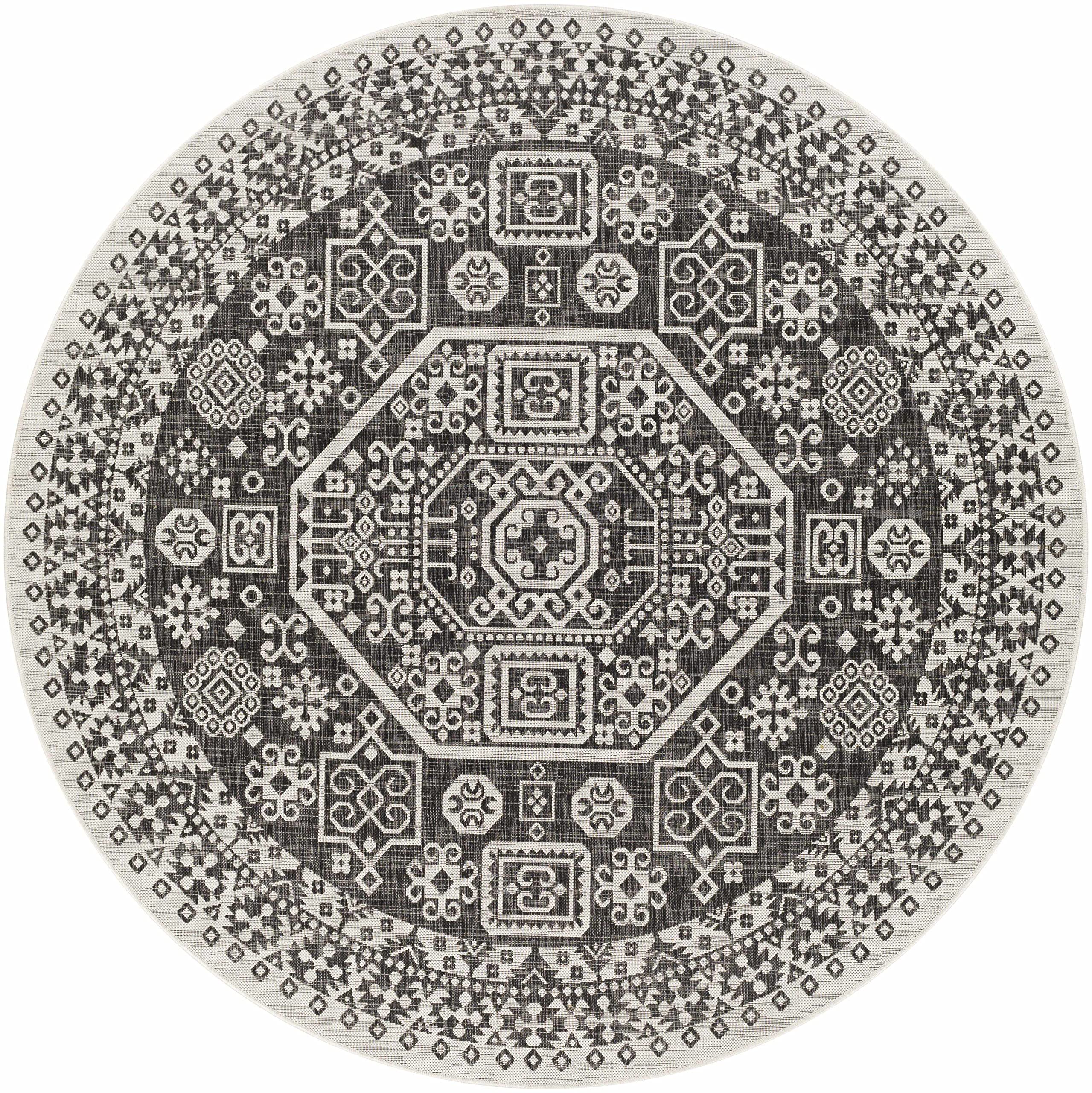 Mark&Day 5ft Round Bohemian Area Rug - Indoor/Outdoor Black & Beige Carpet for Living Room, Bedroom, Kitchen | Water-Resistant & Durable Floor Mat for Patio, Deck, or Dining Area (5'3