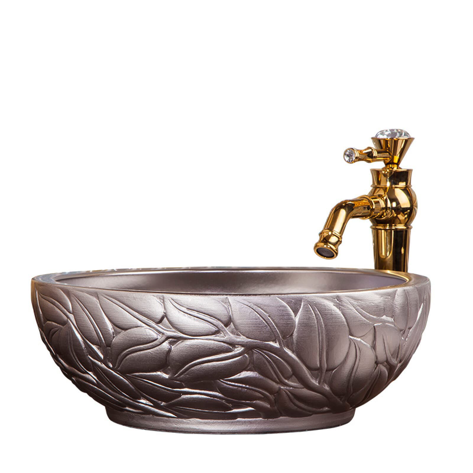 Golden Carved Art Ceramic Vessel Sink - Porcelain Countertop Bathroom Basin for Vanity, Modern & Luxury Bathroom Decor (Perfect for Master Bath, Powder Room & Guest Bath Installation)