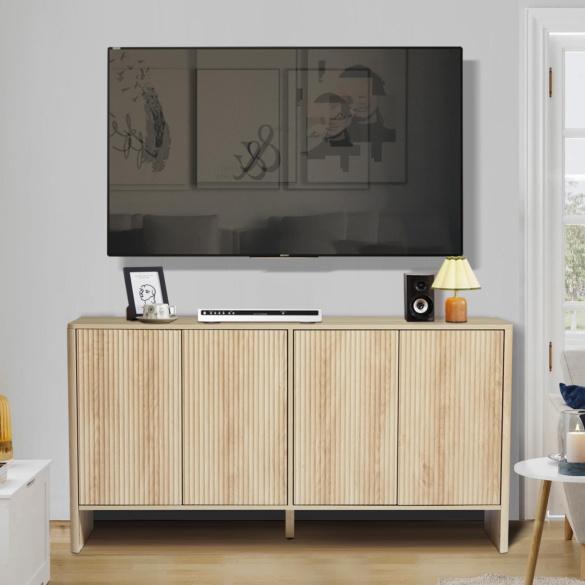 Modern Sideboard Buffet Cabinet with 4 Fluted Doors & Adjustable Shelves - Solid Wood Storage Credenza for Dining Room, Kitchen, Living Room & Entryway - Perfect for Entertaining, Displaying Decor & Organizing Dishes (Natural Finish)