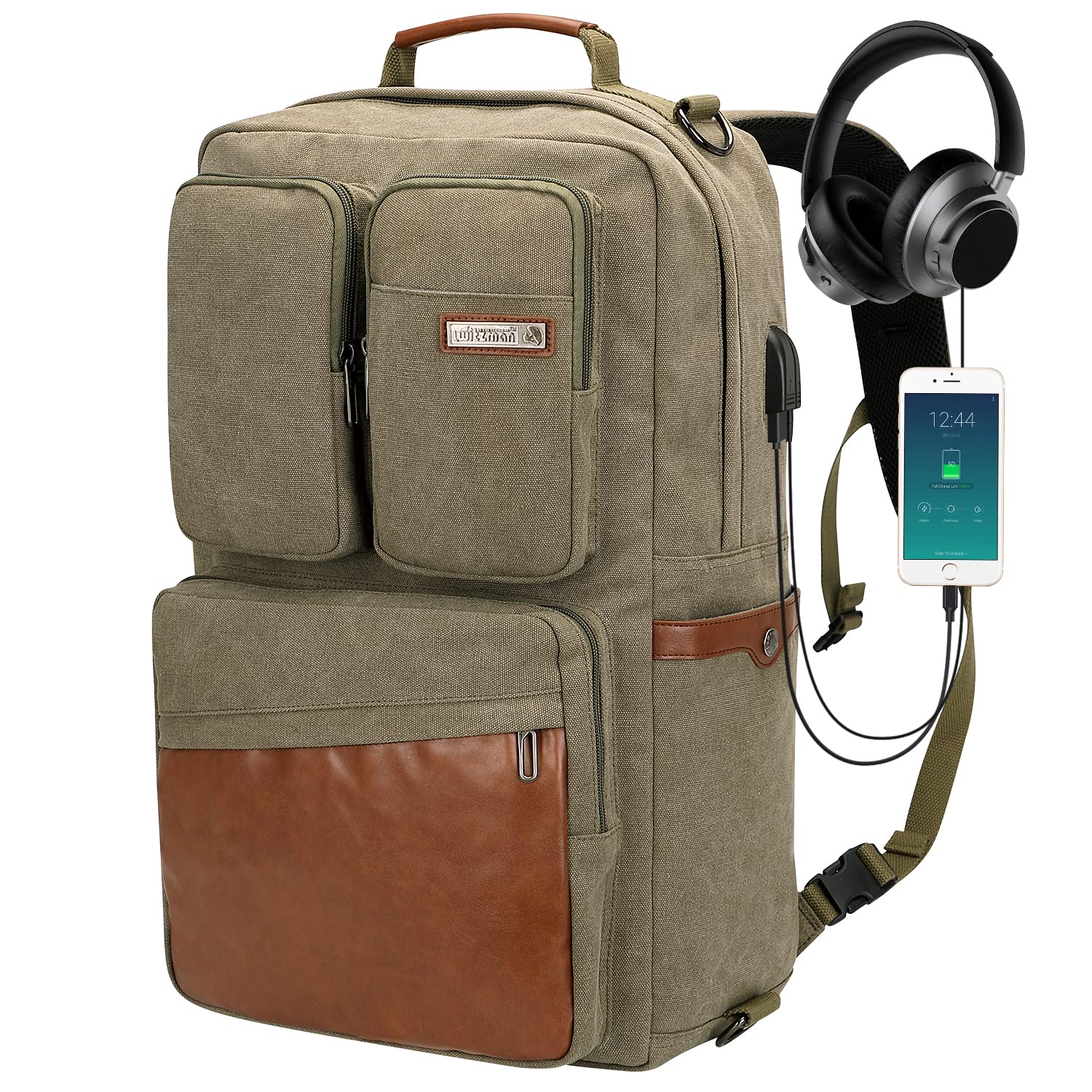 WITZMAN Large Travel Backpack with USB Charging Port - Durable Canvas Carry On Luggage Duffel Bag for Airplane, Fits 17 Inch Laptop - Perfect for Men & Women (6617 Green) | Ideal for Business Trips, College Students & Weekend Getaways