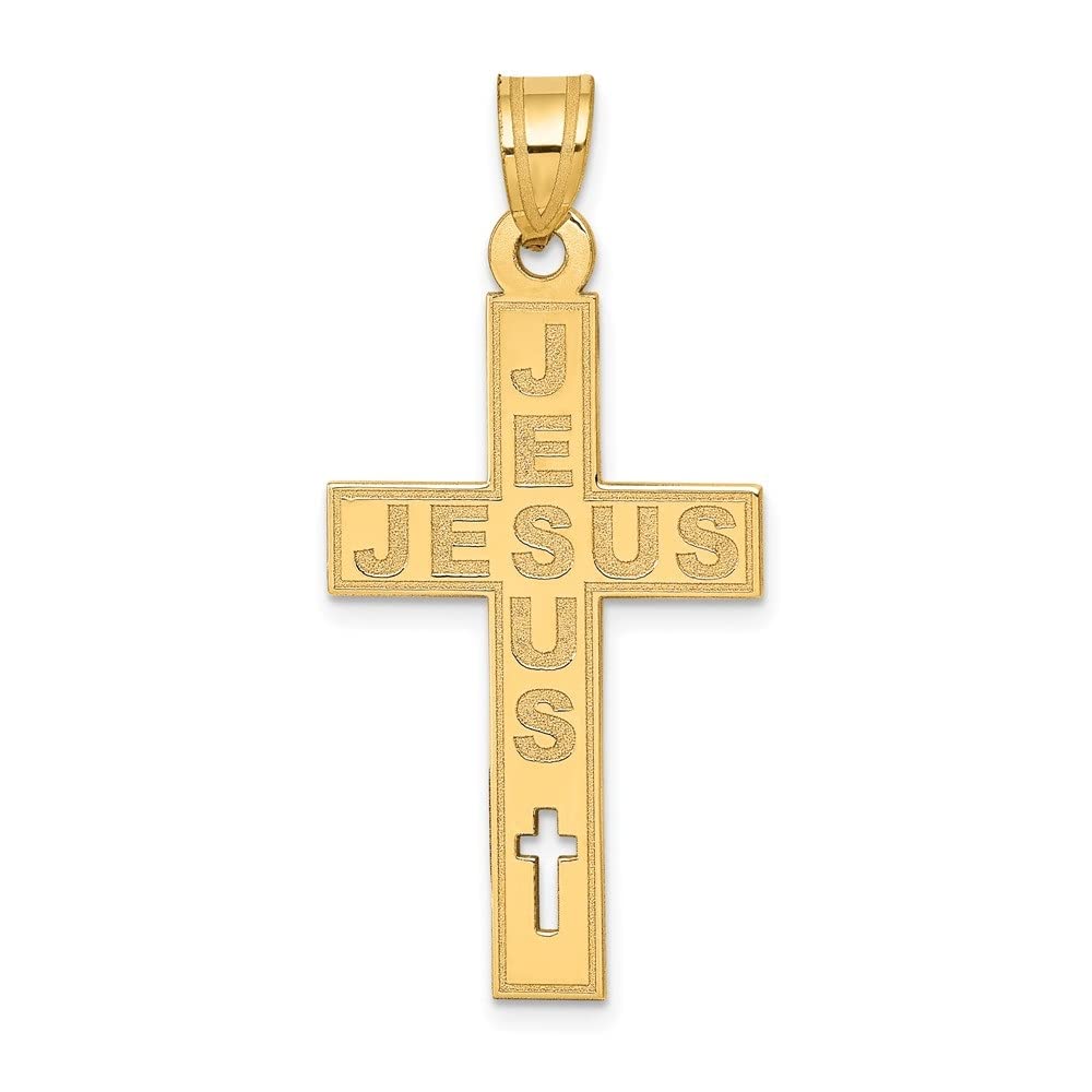 14K Yellow Gold Laser Cut JESUS Cross Charm Pendant for Women - Religious Jewelry Gift for Baptism, Confirmation & Daily Wear