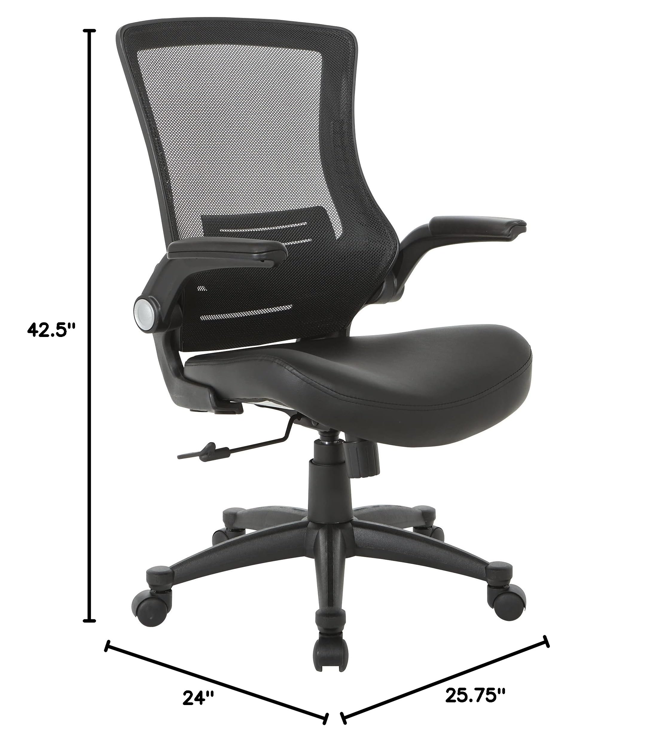 Office Star Ventilated Black Mesh Back Fully Adjustable Ergonomic Office Chair with Padded Flip-Up Arms and Swivel Nylon Base - Black Faux Leather Executive Chair for Home Office & Workspace