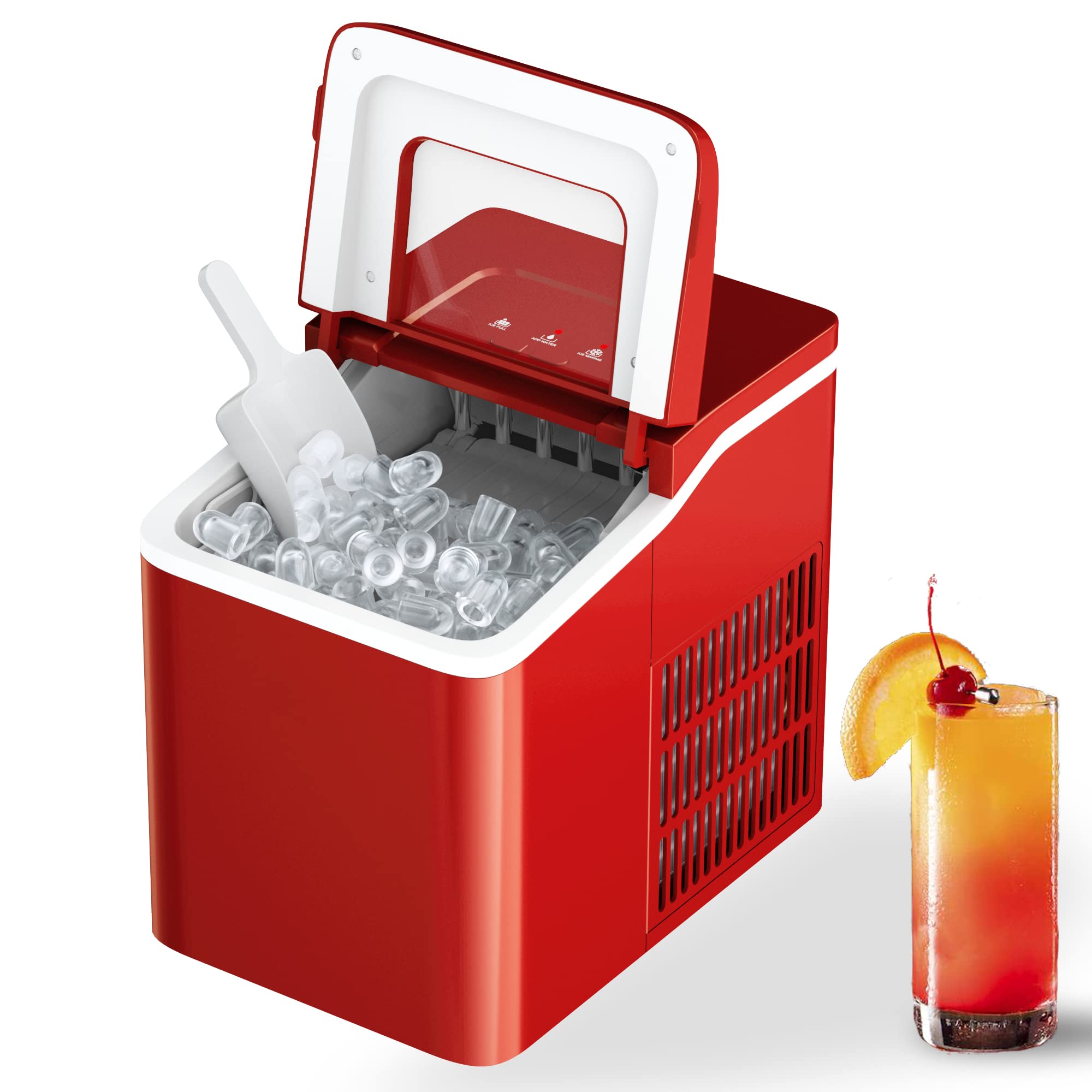 Portable Ice Maker Machine - Countertop Mini Ice Maker with Automatic Cleaning, Scooper & 9 Cubes in 8 Minutes - Perfect for Home, Office, RV & Outdoor Use (Red)