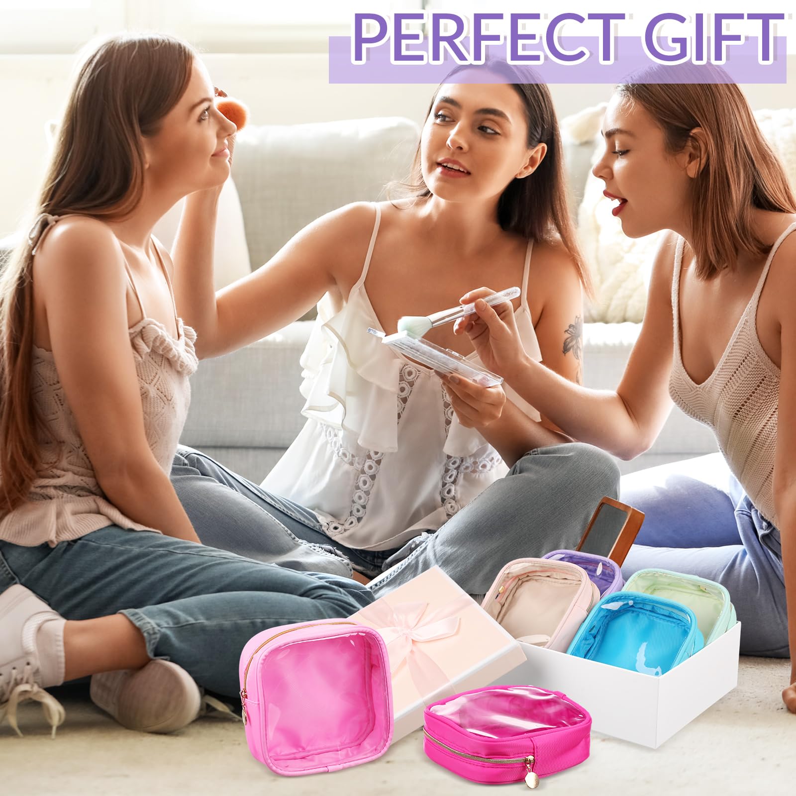 12 Pcs Mini Makeup Bags for Women - Small Nylon Cosmetic Pouches with Zipper, Elegant Translucent Square Purse Organizers - Perfect for Travel, Daily Use & Gift Giving