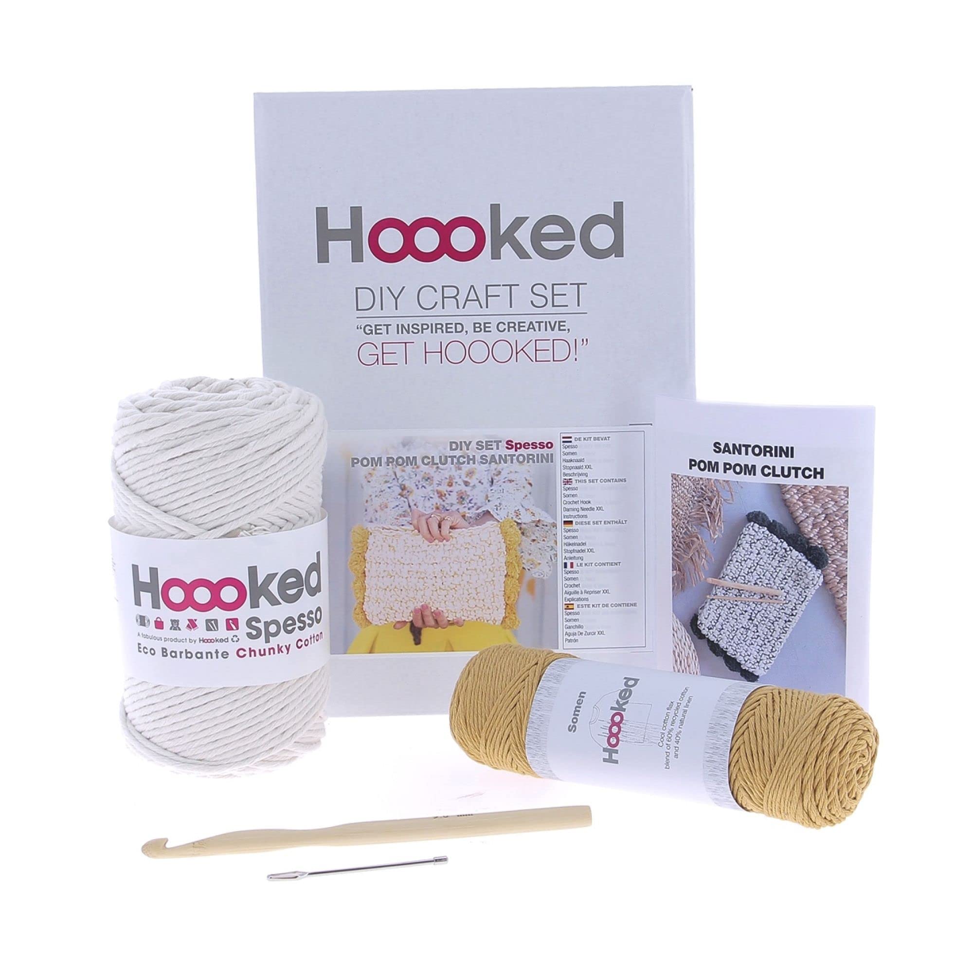 DIY Crochet Kit for Pompom Clutch Bag - Santorini Gold Color - Perfect for Beginners, Handmade Craft Projects & Boho Fashion Accessories (Great for Gifts, Beach Outings & Festival Style)