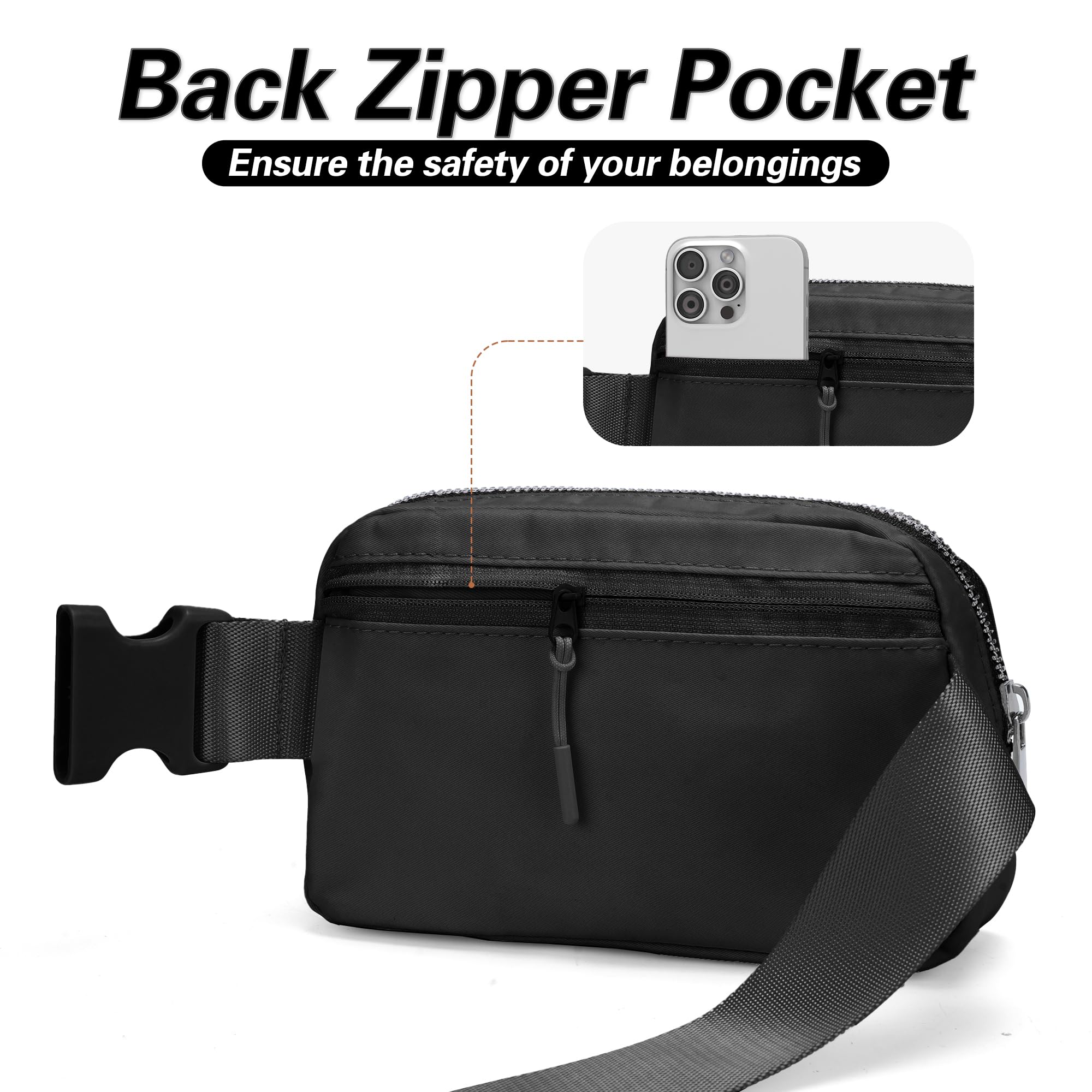 JSJ Mini Black Fanny Pack for Women & Men - Trendy Crossbody Belt Bag for Everyday Use | Valentine's Day Gift for Her, Daughter, Sister & Teens | Perfect for Travel, Gym, Running & Shopping (Black)
