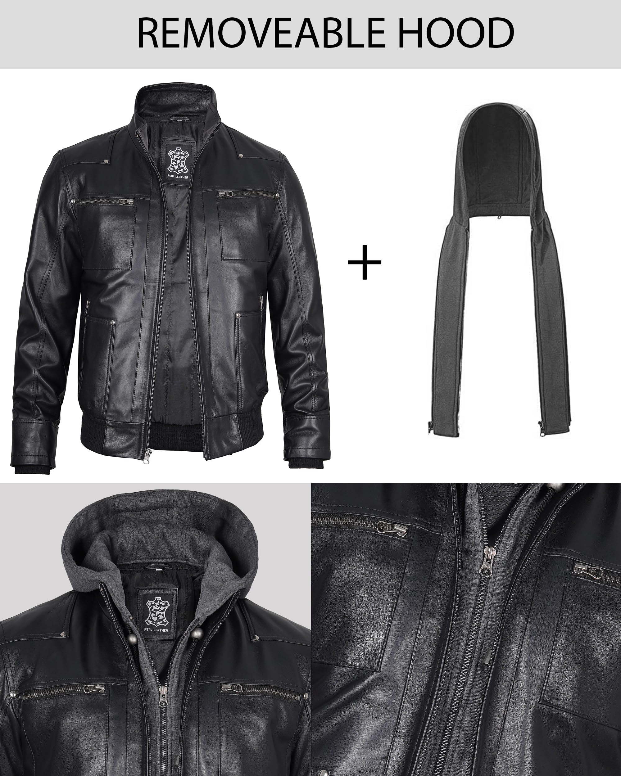 Decrum Men's Hooded Leather Bomber Jacket - Premium Genuine Leather with Removable Hood for Casual & Motorcycle Riding | Winter & Fall Outerwear