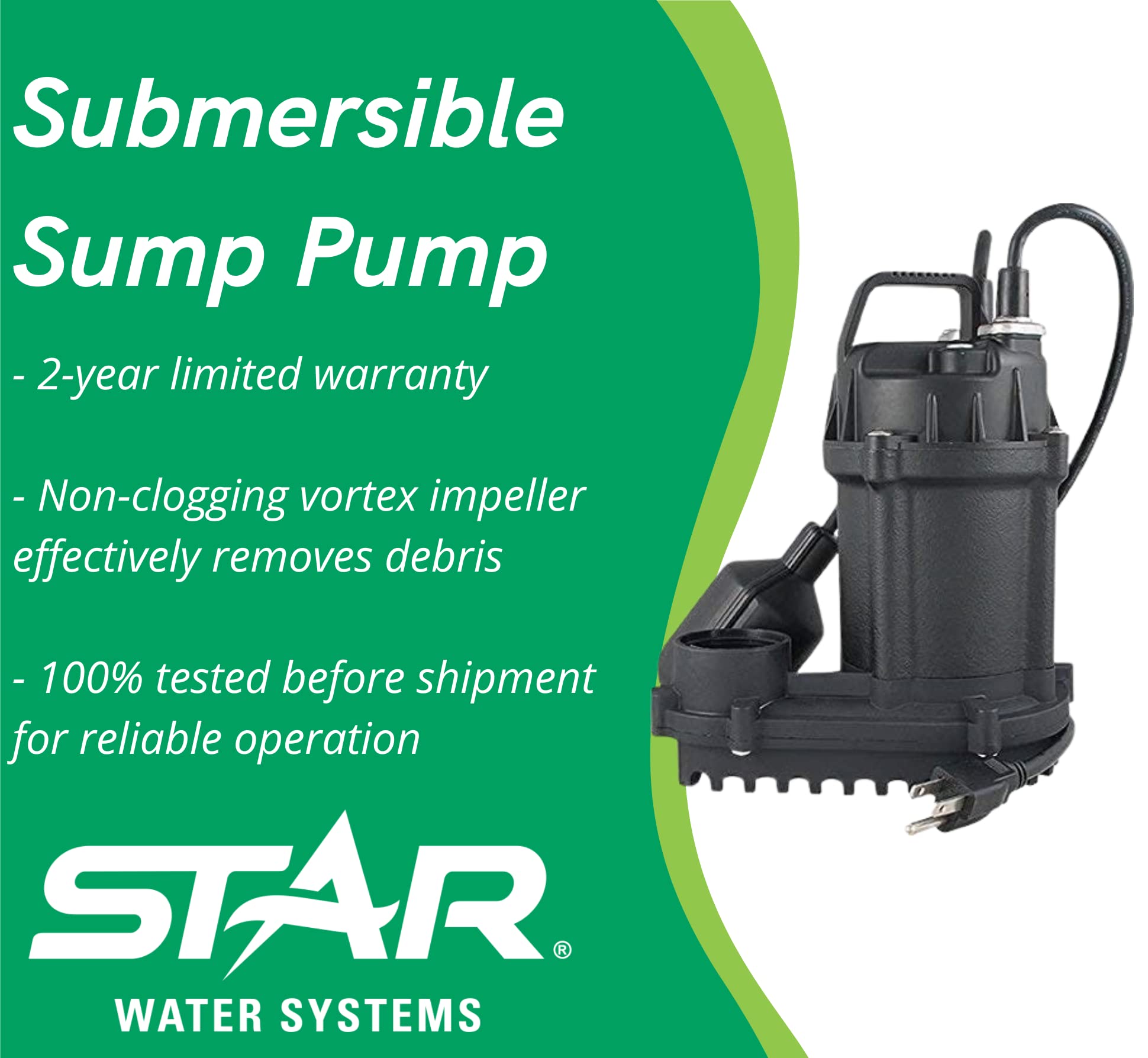 Star 3SDHL 1/3 HP Cast Iron Submersible Sump Pump with Tethered Float Switch - 54 GPM Flow Rate, Handles 3/8