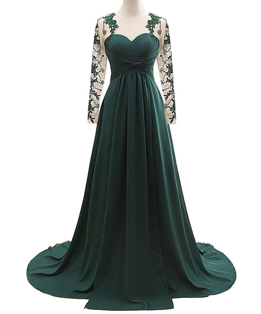 Elegant Dark Green Long Sleeve Round Neck Mother of the Bride Dress with Decorative Details - Perfect for Weddings, Formal Events & Special Occasions