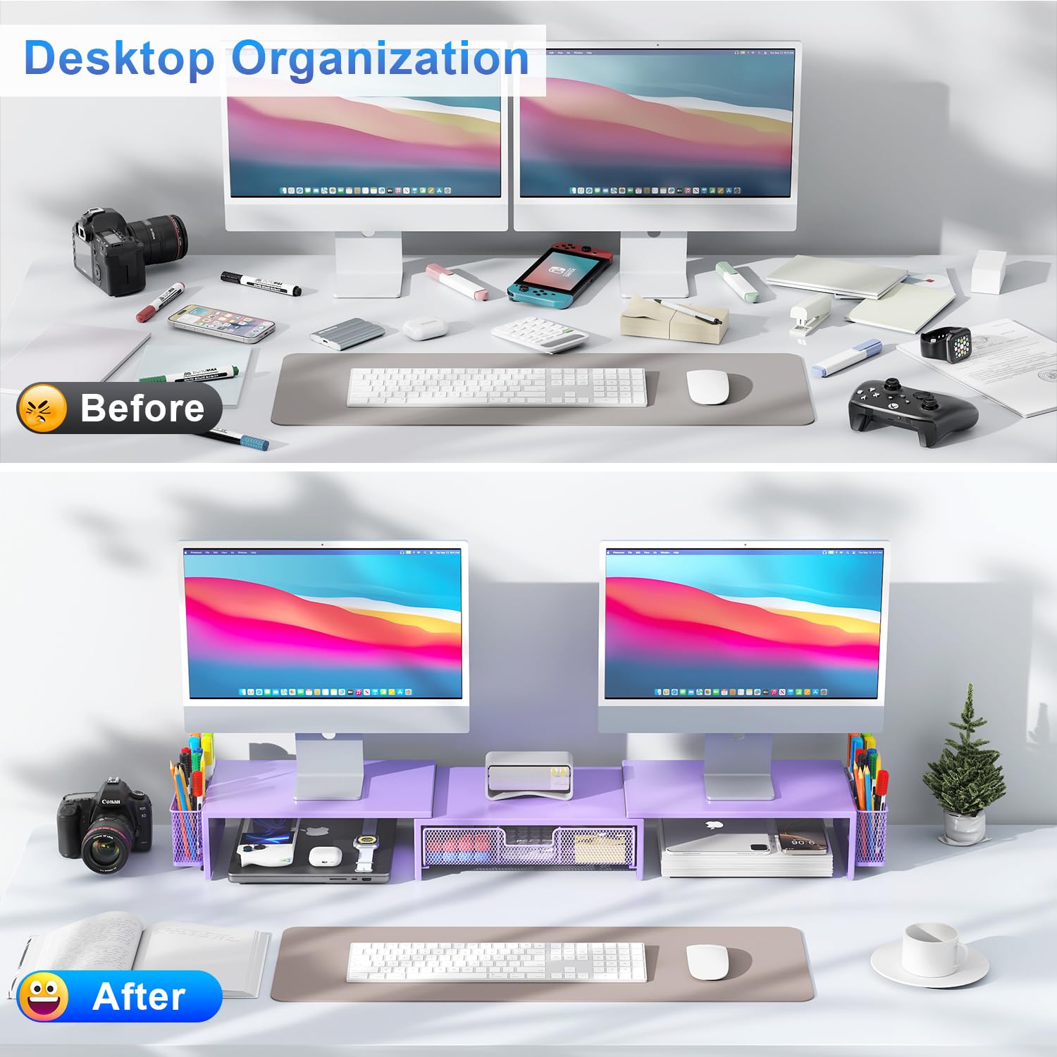Gianotter Dual Monitor Stand Riser with Drawer & 2 Pen Holders - Purple Desk Organizer for Office & Home Workspace - Perfect for Computer Monitors, Laptops, and Office Supplies Storage