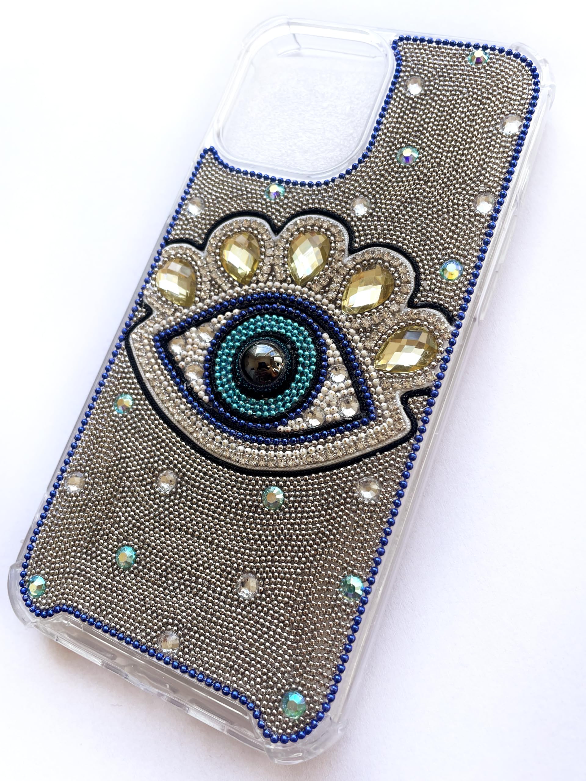 Custom Evil Eye Protective Phone Case for iPhone 14/15 Pro - Slim Fit Heavy Duty Cover with Bling Design | Perfect for Everyday Protection & Fashion Statement