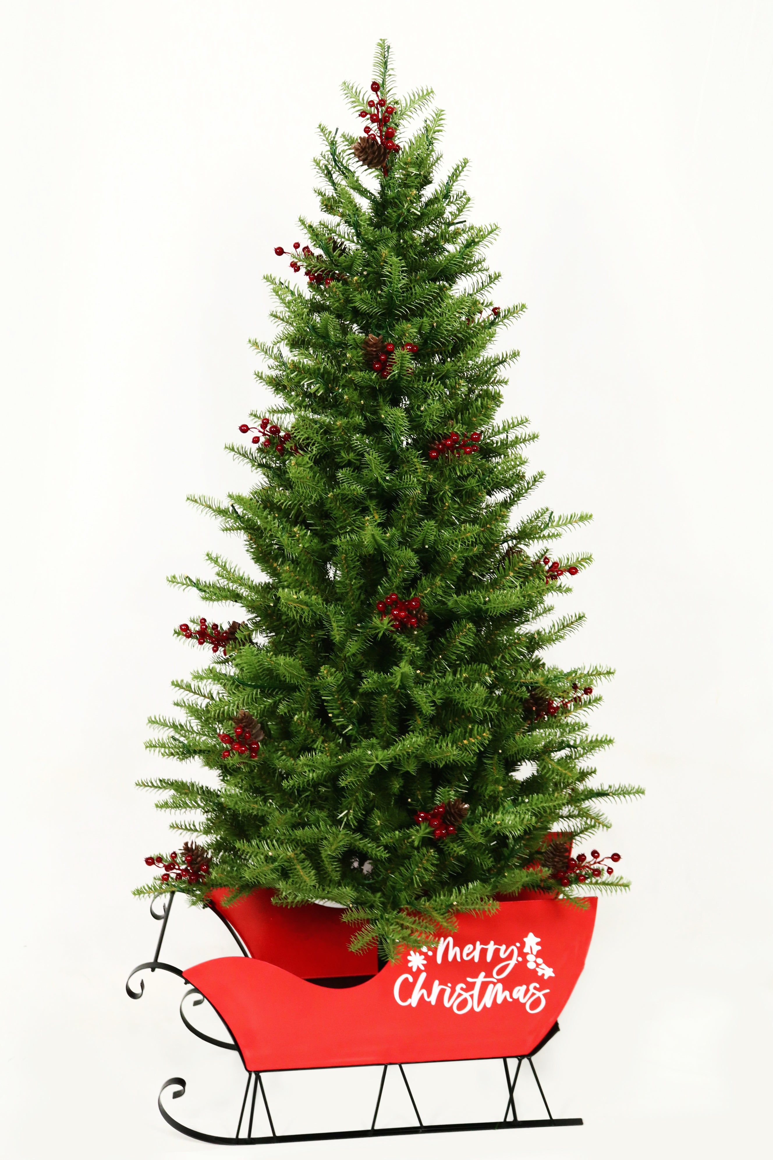 5' Green Mountain Fir Artificial Christmas Tree with Starry LED Lights - Pre-lit Holiday Decor in Red Sleigh - Perfect for Living Room, Office & Christmas Party Decorations