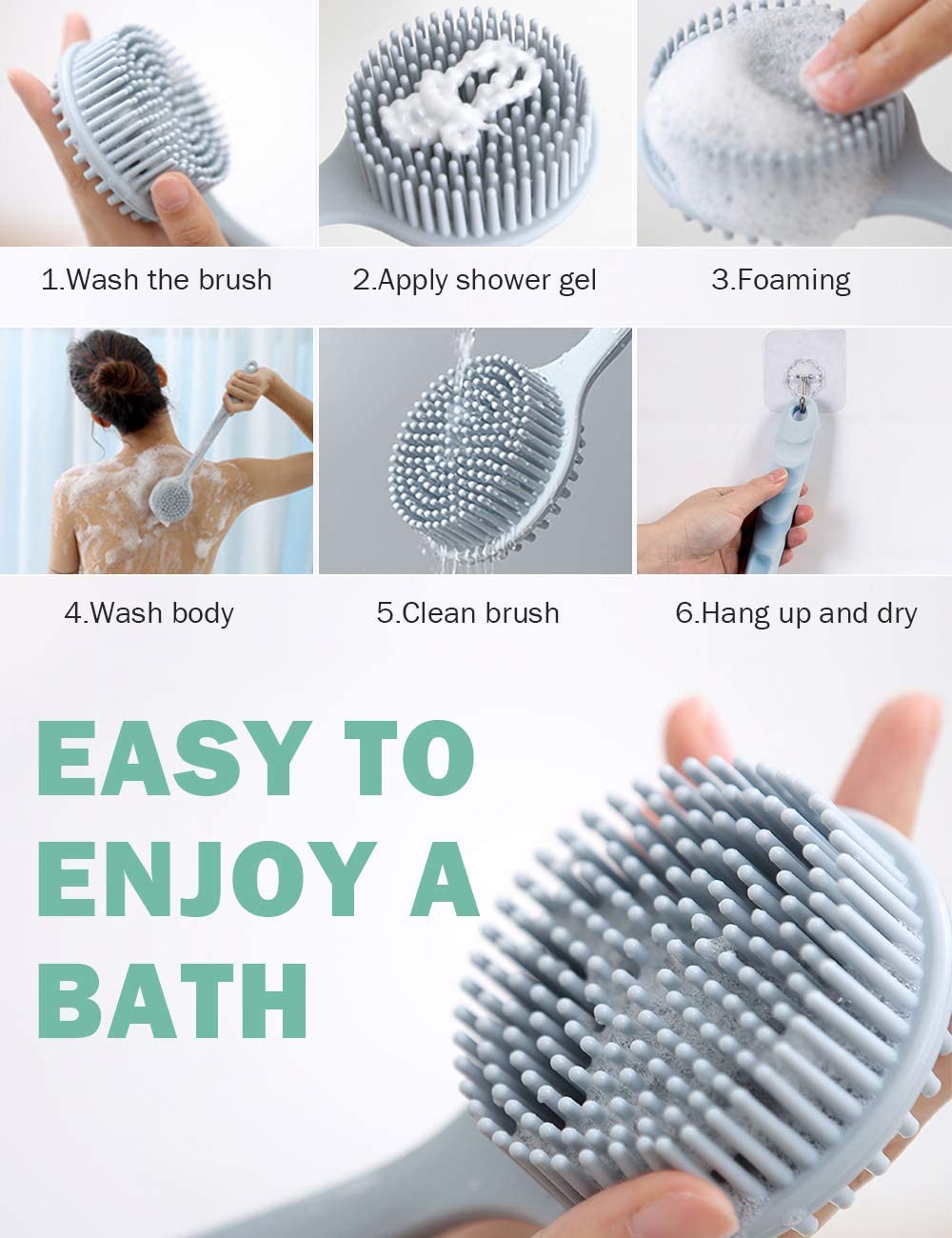 Simxen Dual-Sided Silicone Body Scrubber & Massage Brush with Long Handle - Exfoliating Shower Brush for Back, Legs & Full Body Care - Perfect for Bath, Spa & Home Relaxation Therapy