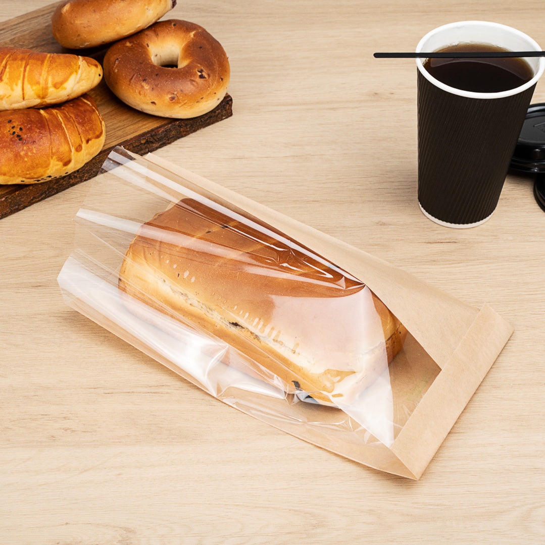 Eco-Friendly Kraft Paper Bread Bags with Side Window - 6 x 2 3/4 x 11 1/2 Inches - 100 Count Box - Perfect for Bakeries, Cafes & Home Baking