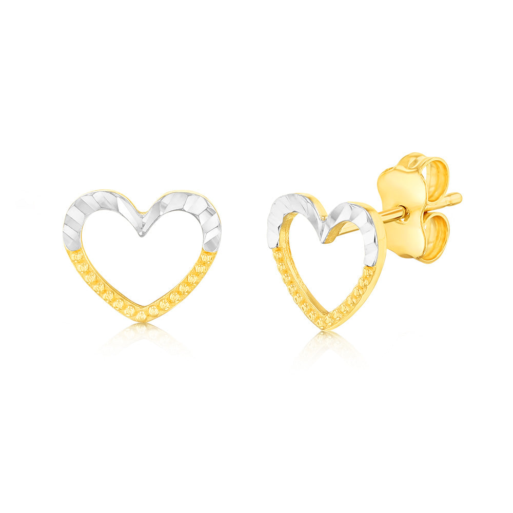 9ct Yellow and White Gold Small Open Heart Stud Earrings - Elegant and Dainty Jewelry for Women - Perfect for Valentine's Day, Anniversary Gifts, and Everyday Wear