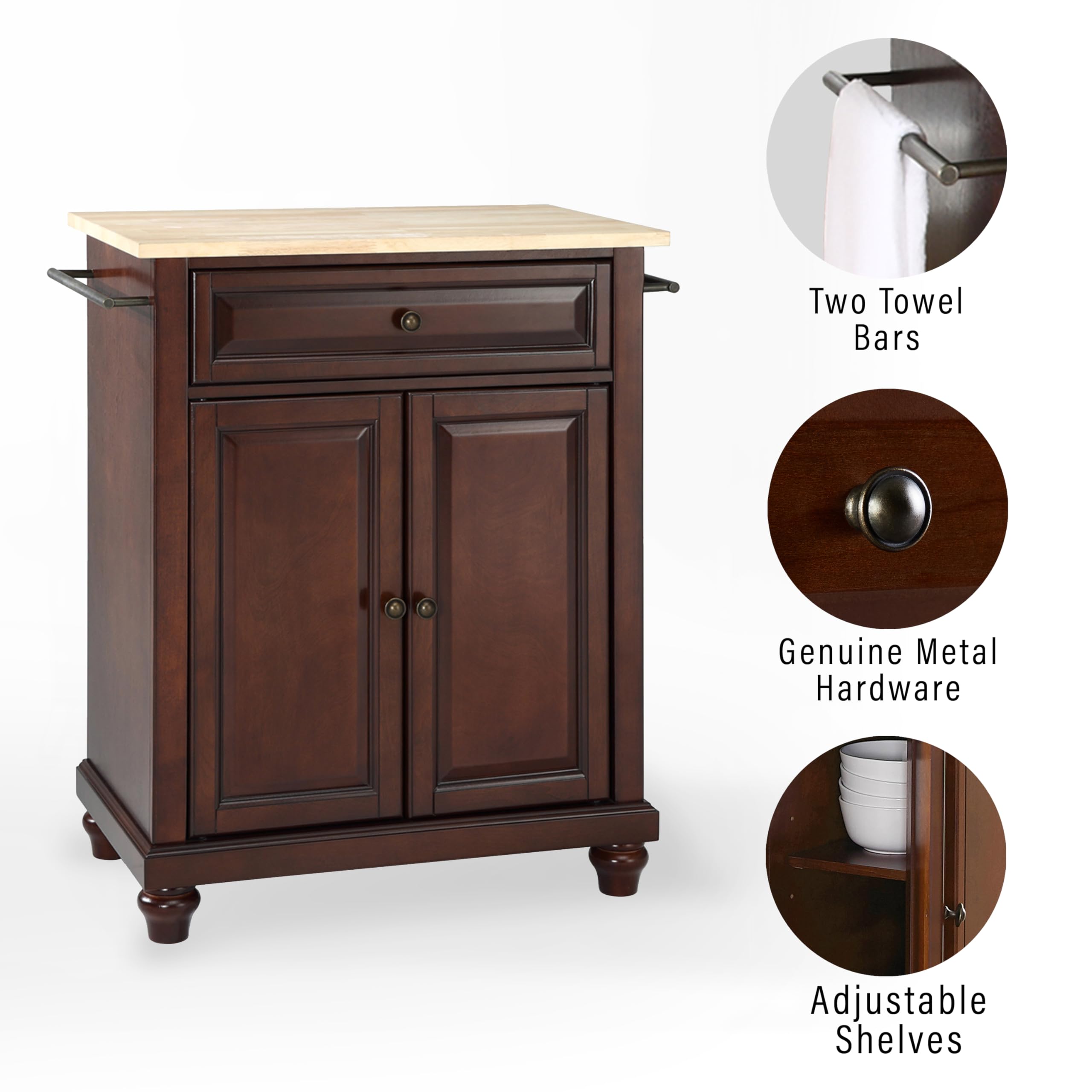 Crosley Cambridge Wood Top Portable Kitchen Island Cart with Wheels - Microwave Stand, Storage Cabinet, Mahogany Finish - Perfect for Small Kitchens, Apartments & Dorm Rooms