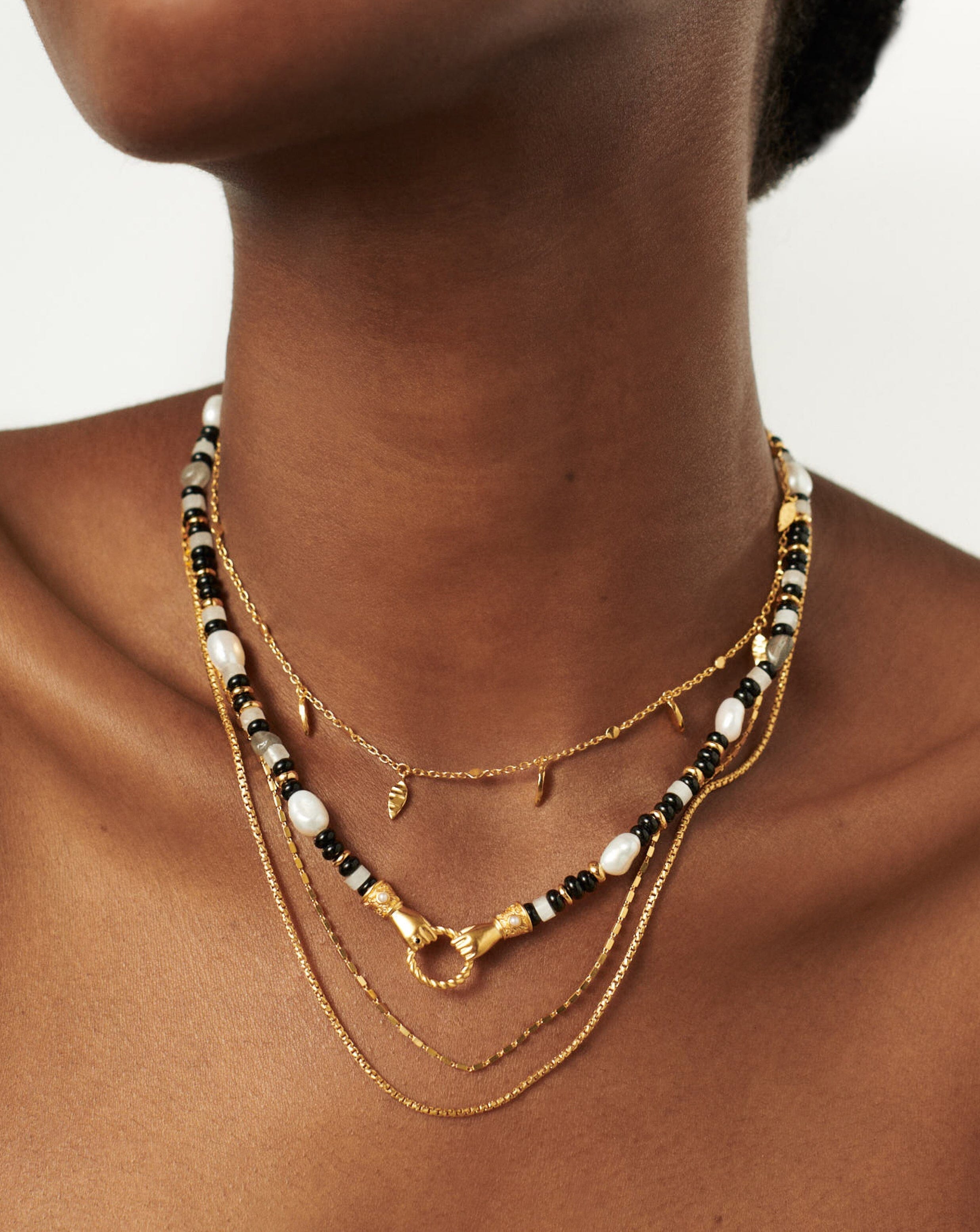 Harris Reed In Good Hands Beaded Gemstone Necklace - 18k Gold Plated Black Chalcedony & Pearl Jewelry for Women | Elegant Layering Necklace for Date Night, Wedding & Special Occasions