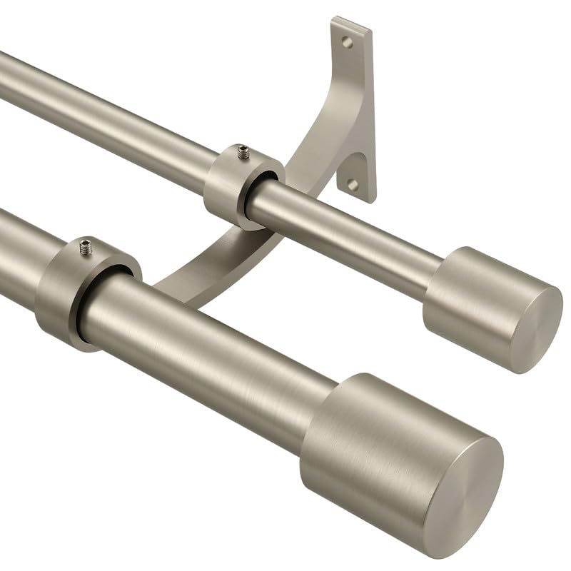 Brushed Nickel Double Curtain Rods 72-144 Inches (6-12 Feet) - Adjustable Heavy Duty Dual Drapery Rod with Cap Finials, 1 Inch Front & 5/8 Inch Back Rod for Living Room, Bedroom, and Office Window Treatments