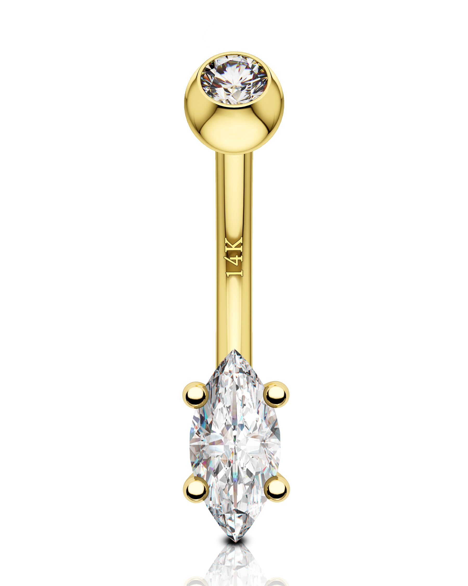 14K Gold Marquise CZ Belly Button Rings - White & Yellow Diamond Navel Piercing Jewelry for Women & Men - 14G Belly Ring - Perfect for Parties, Beach Wear & Body Piercing Fashion