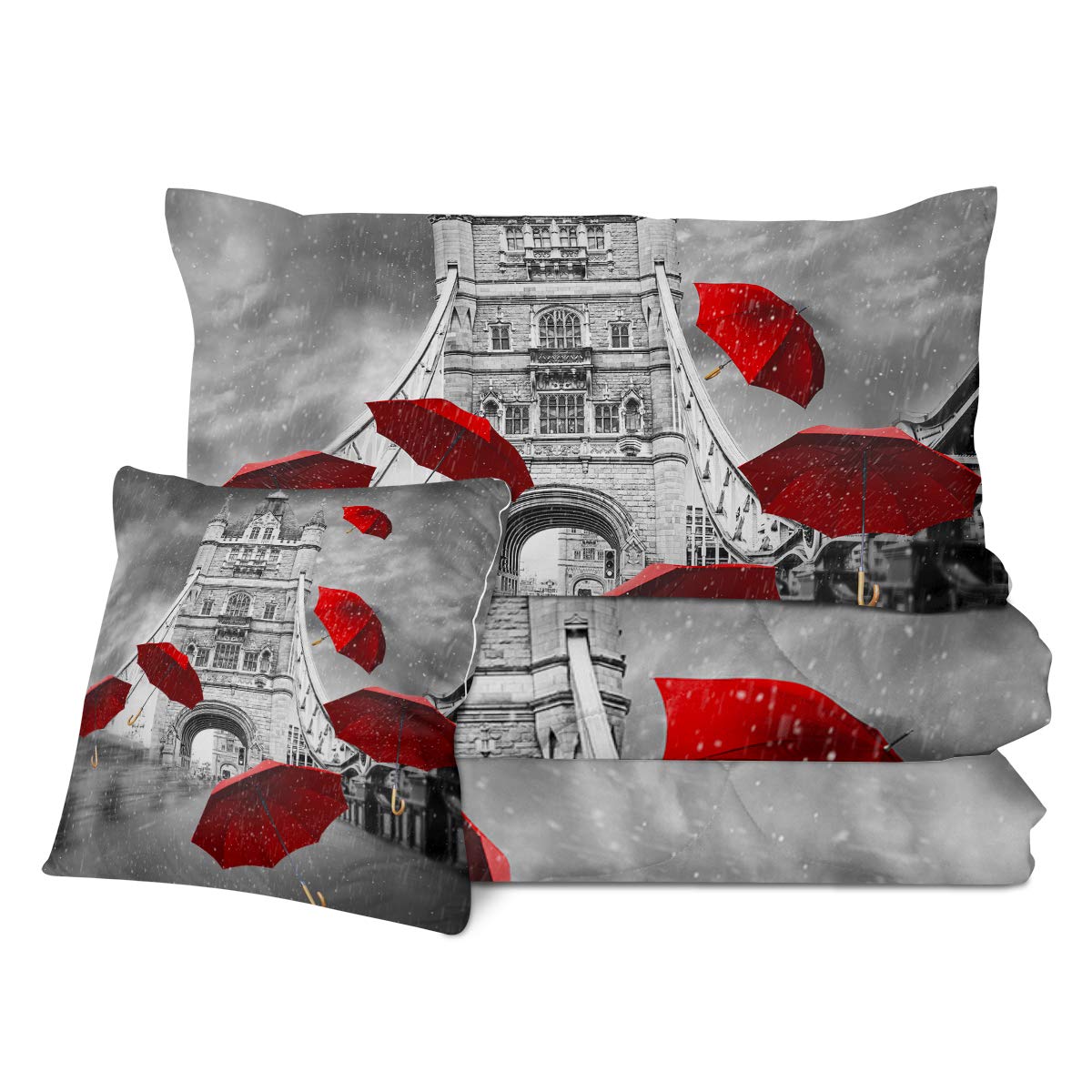 Sleepwish Paris Themed Comforter Set - King Size 4-Piece Bedding with Eiffel Tower & 3D Rainy Street Print (Black/White/Red Umbrellas) | Romantic Bedroom Decor for Couples & French Theme Rooms
