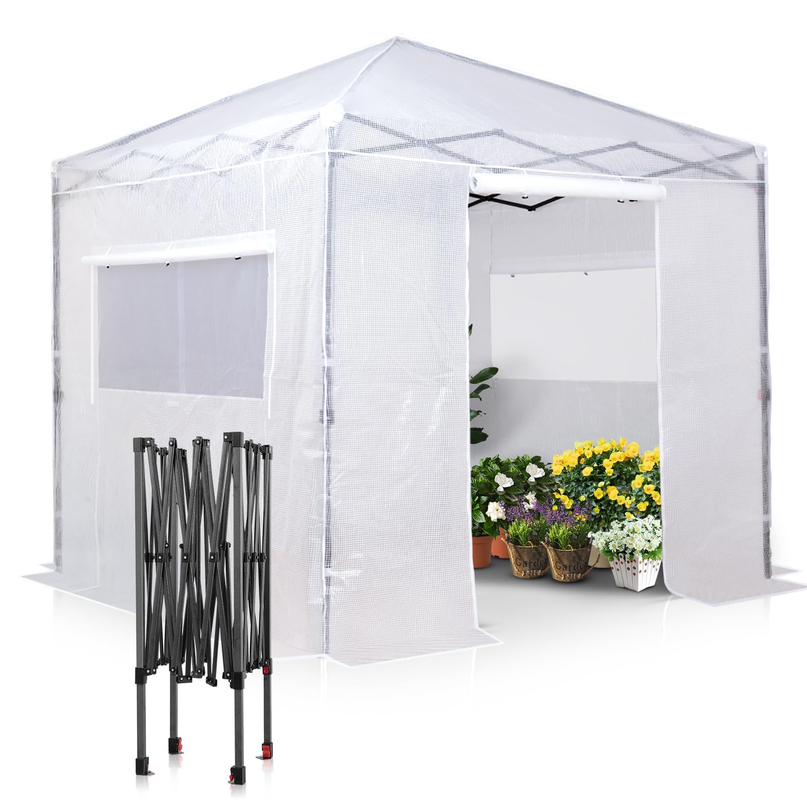 EAGLE PEAK 8x8 Portable Walk-in Greenhouse - Pop Up Indoor Outdoor Garden Plant Greenhouse with Zippered Doors & Windows, PE Cover - Perfect for Gardening, Seed Starting & Plant Protection (White)