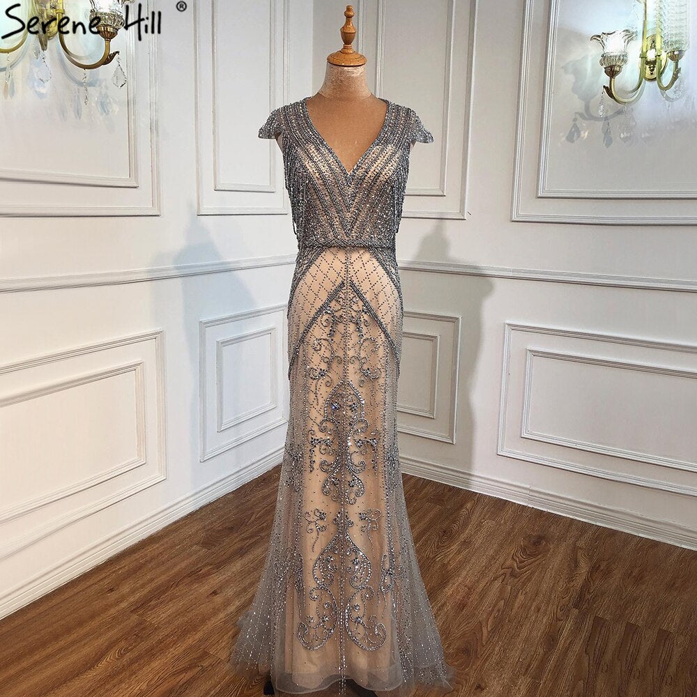 Elegant Grey Nude Mermaid Evening Gown with Beading & Backless Design - Luxury Women's Party Dress for Prom, Gala & Special Occasions - Serene Hill Collection LA70799