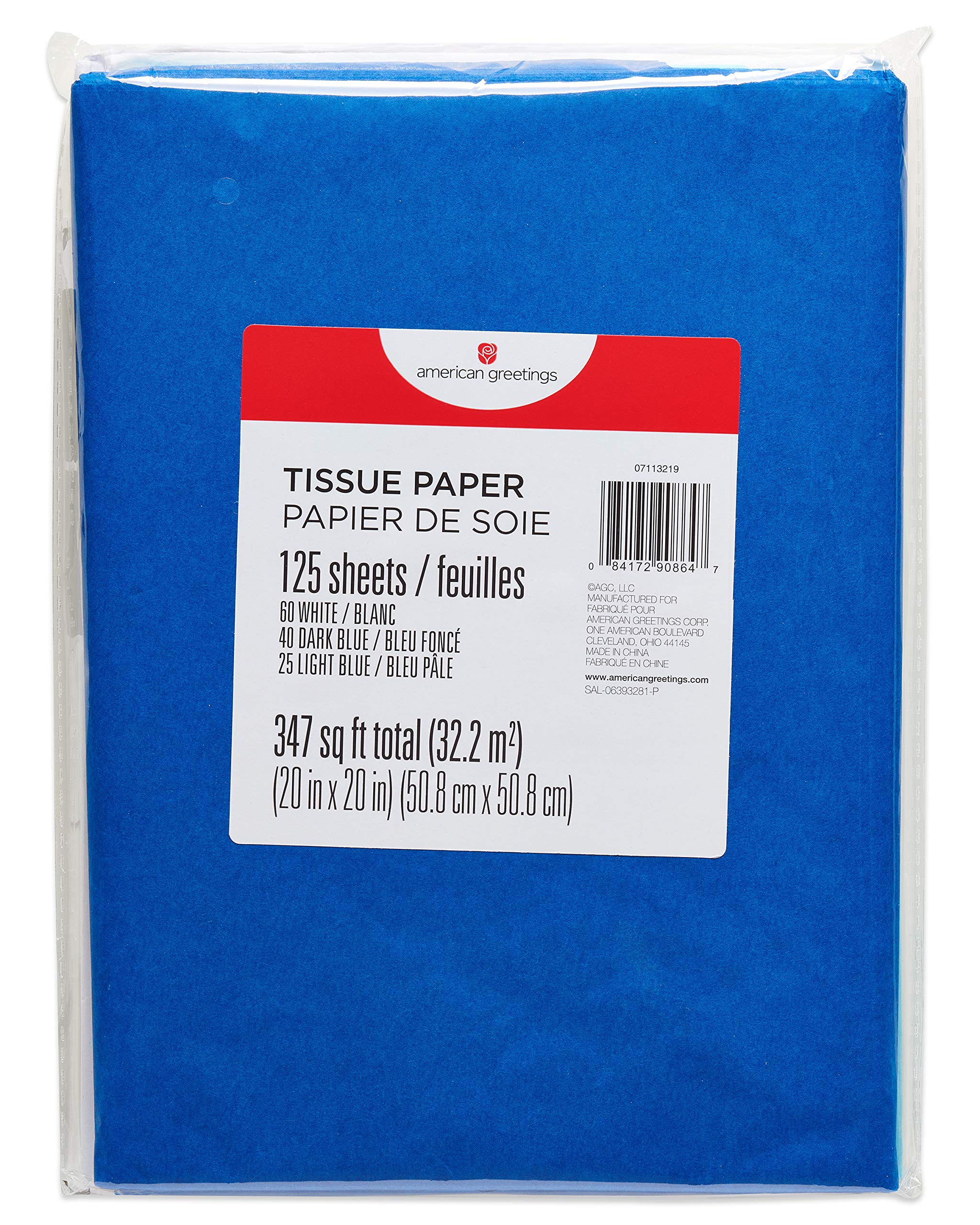 American Greetings 125 Sheets 20x20 Inch Bulk Tissue Paper - White & Blue for Gift Wrapping, Christmas, Hanukkah, Birthdays, Party Decorations | Perfect for Holiday Crafts, Present Packaging & DIY Projects