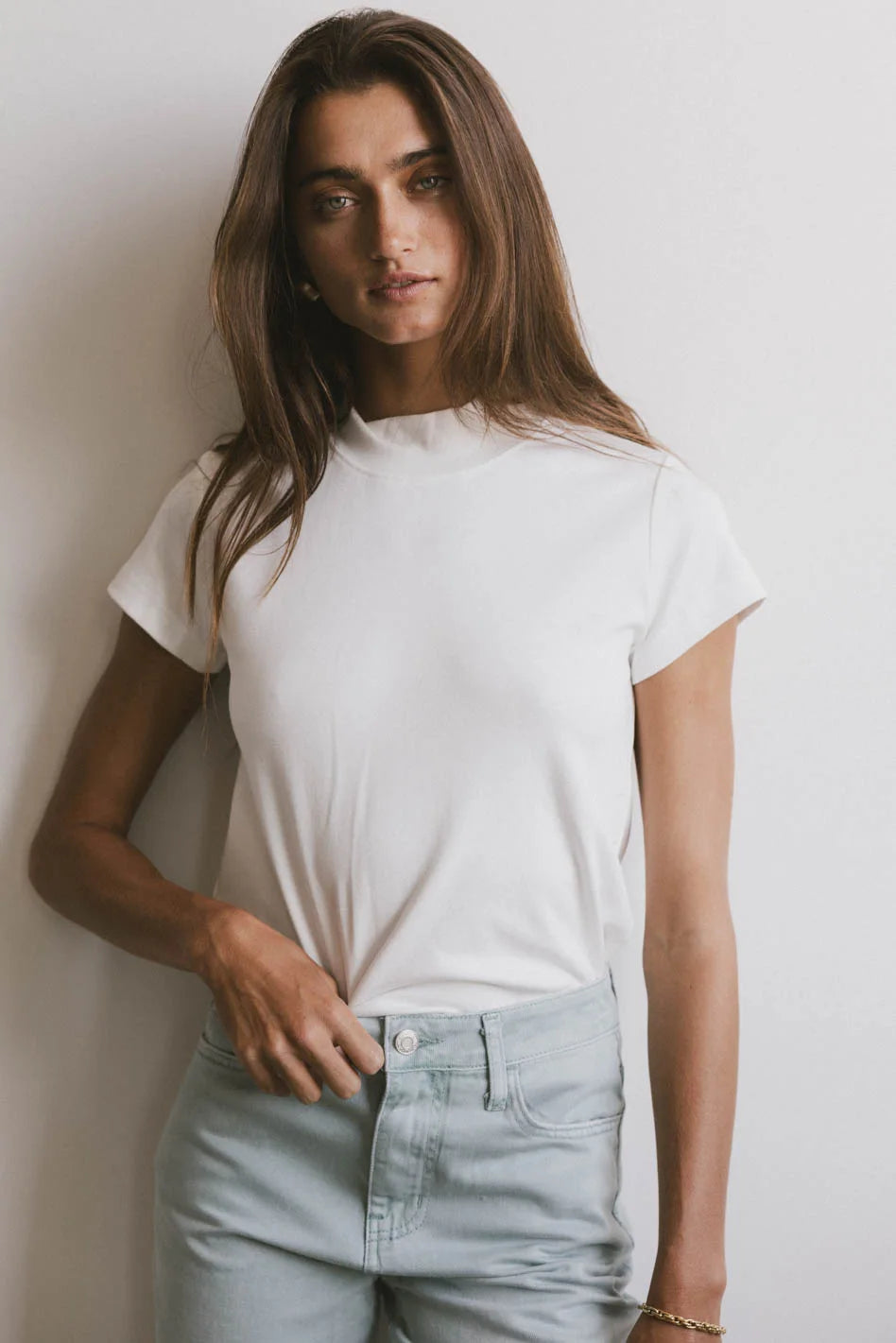 Marley Mock Neck Tee - Soft Cotton Crewneck T-Shirt for Women in White | Casual Wear, Layering & Everyday Outfits | FINAL SALE