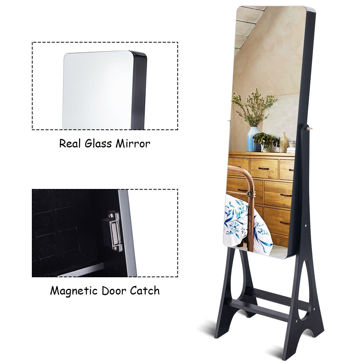 WATERJOY Solid LED Jewelry Armoire Organizer with Full-Length Mirror - 3-Angle Adjustable Standing Jewelry Cabinet with Bevel Edge Mirror - Perfect for Bedroom, Dressing Room & Closet Organization