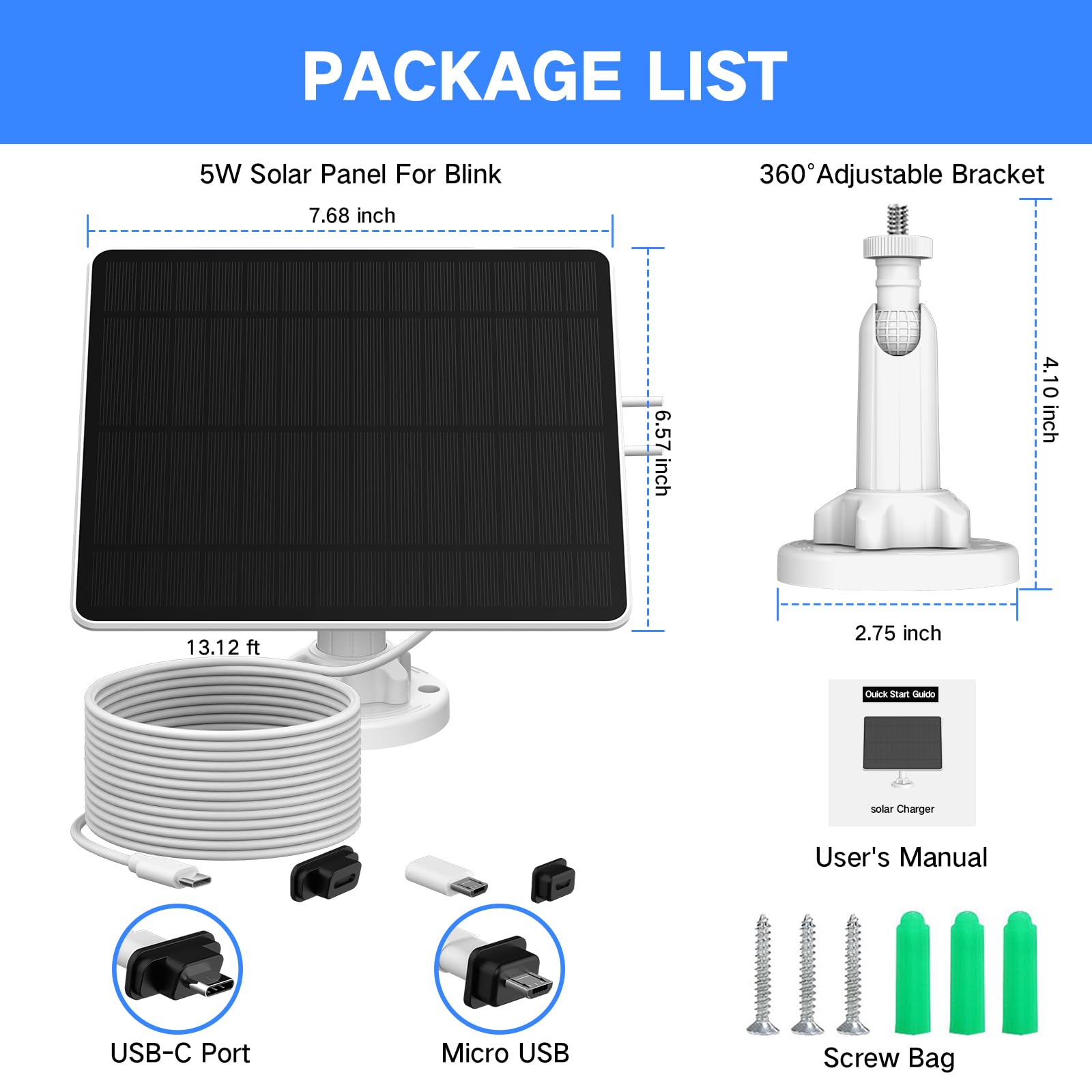 Blink Camera Solar Panel - Waterproof Outdoor Solar Charger with USB-C & Micro USB Ports, High Efficiency Solar Power for Blink Security Cameras - Perfect for Home Security, Backyard Monitoring & Weatherproof Surveillance