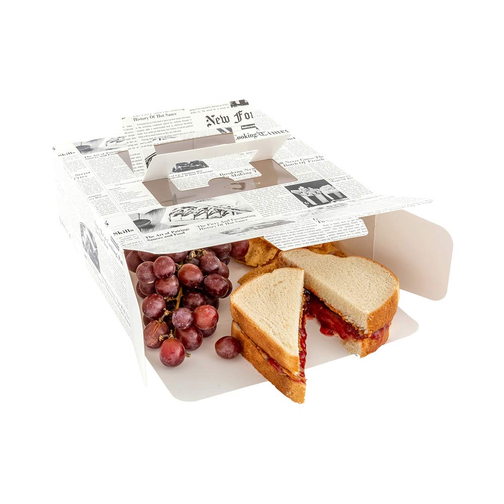 Restaurantware Cater Tek 9x9x3.5 Inch Square Newsprint Paper Cake Box & Lunch Container with Pop-Up Handle Window - 50 Count Bulk Pack - Perfect for Bakery, Catering, Party Favors & Takeout Food Packaging