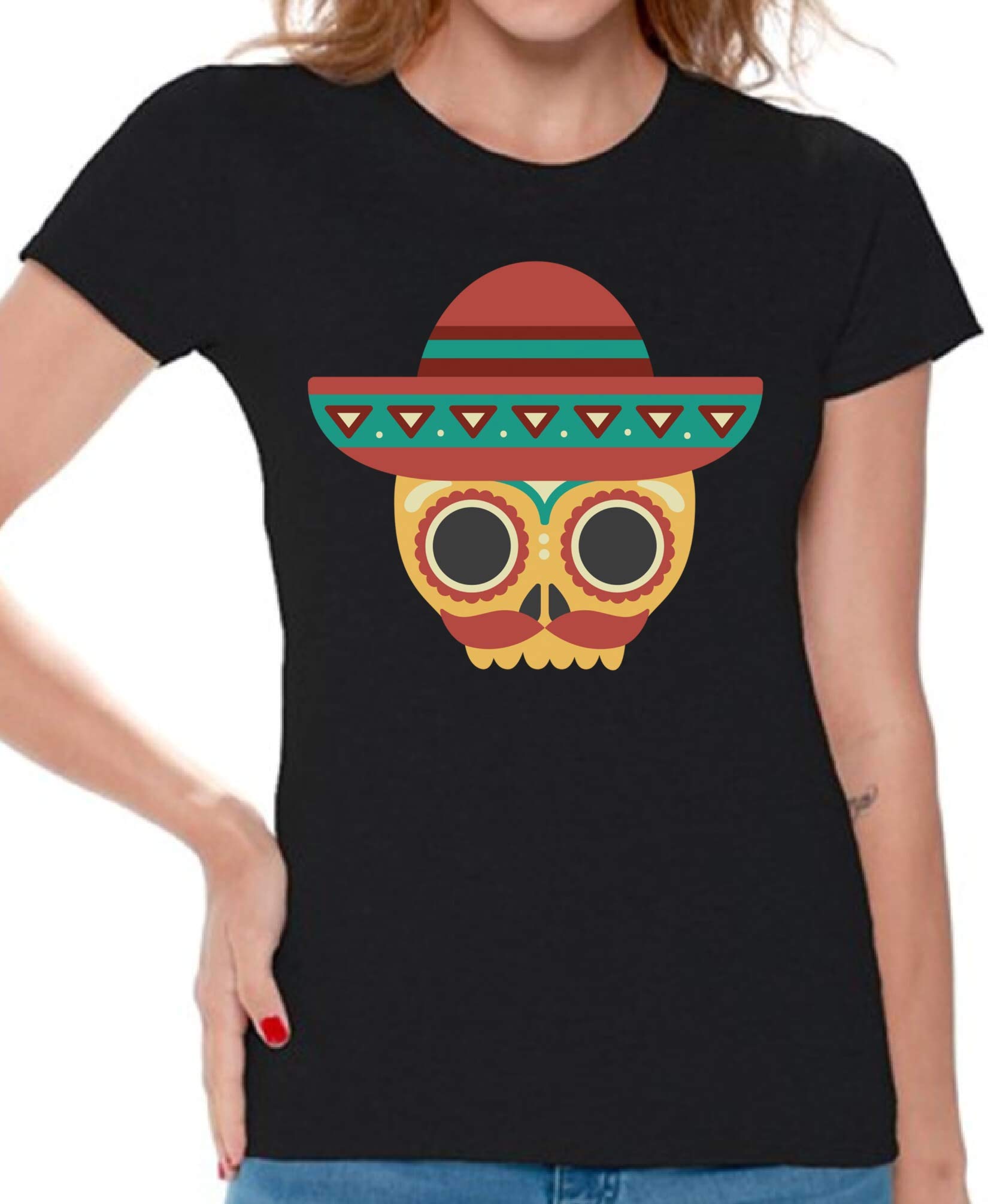 Skull Sombrero T-Shirt for Women - Gothic Mexican Style Graphic Tee - Perfect for Halloween, Day of the Dead & Punk Rock Outfits