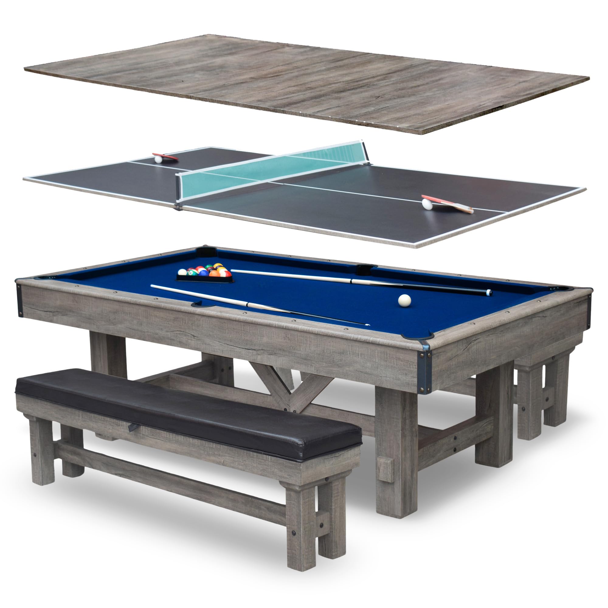 Hathaway Logan 7-Foot Pool Table Combo Set with Benches - Rustic Gray with Blue Felt, Barnwood Style for Game Rooms and Man Caves